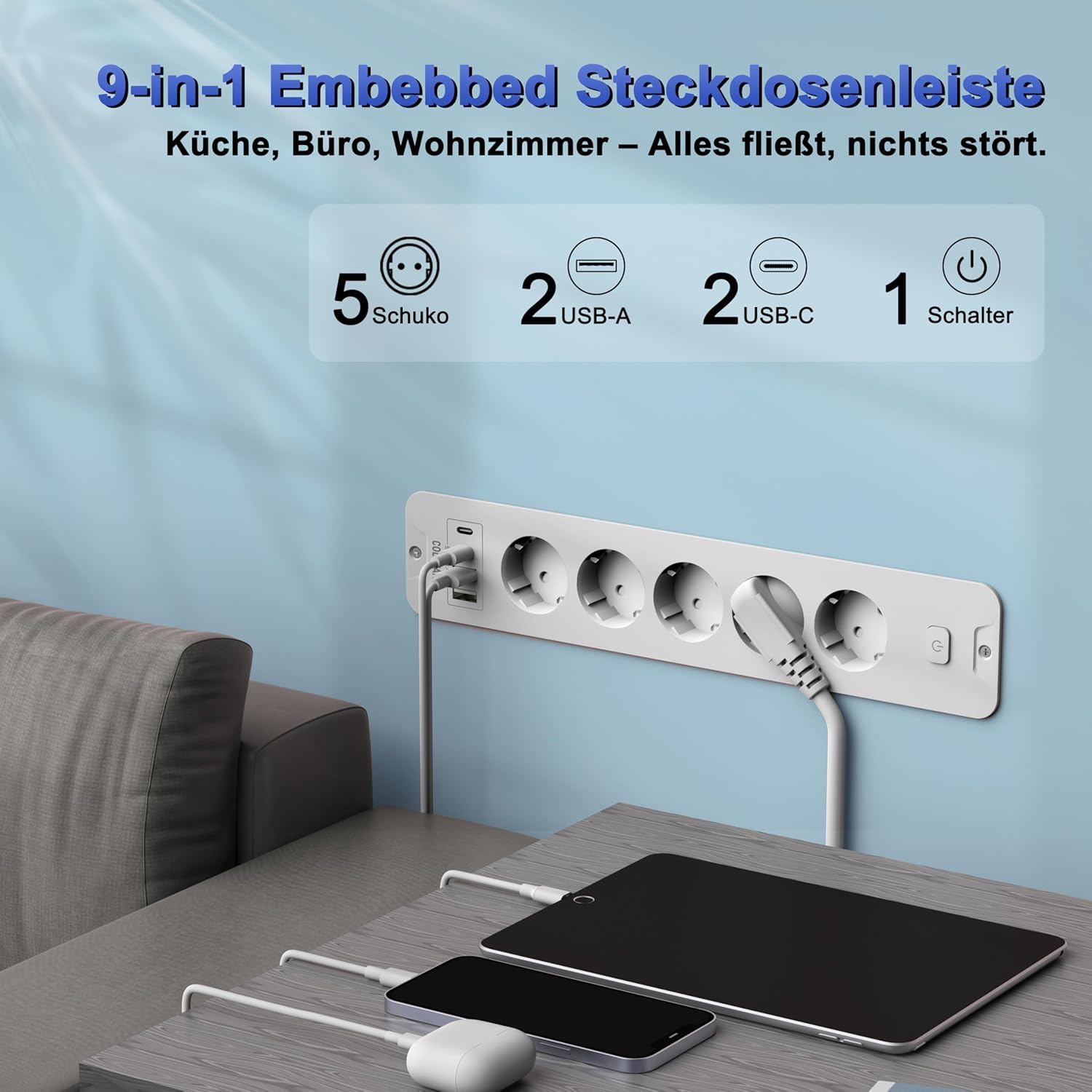 Ausziehbare Steckdosenleiste 5-fach mit 4 USB (2 USB-C, 2 USB-A), 16 A, 2 m Kabel, Energiesparschalter – unsichtbare Steckdose für einen sauberen Schreibtisch – Bild 2