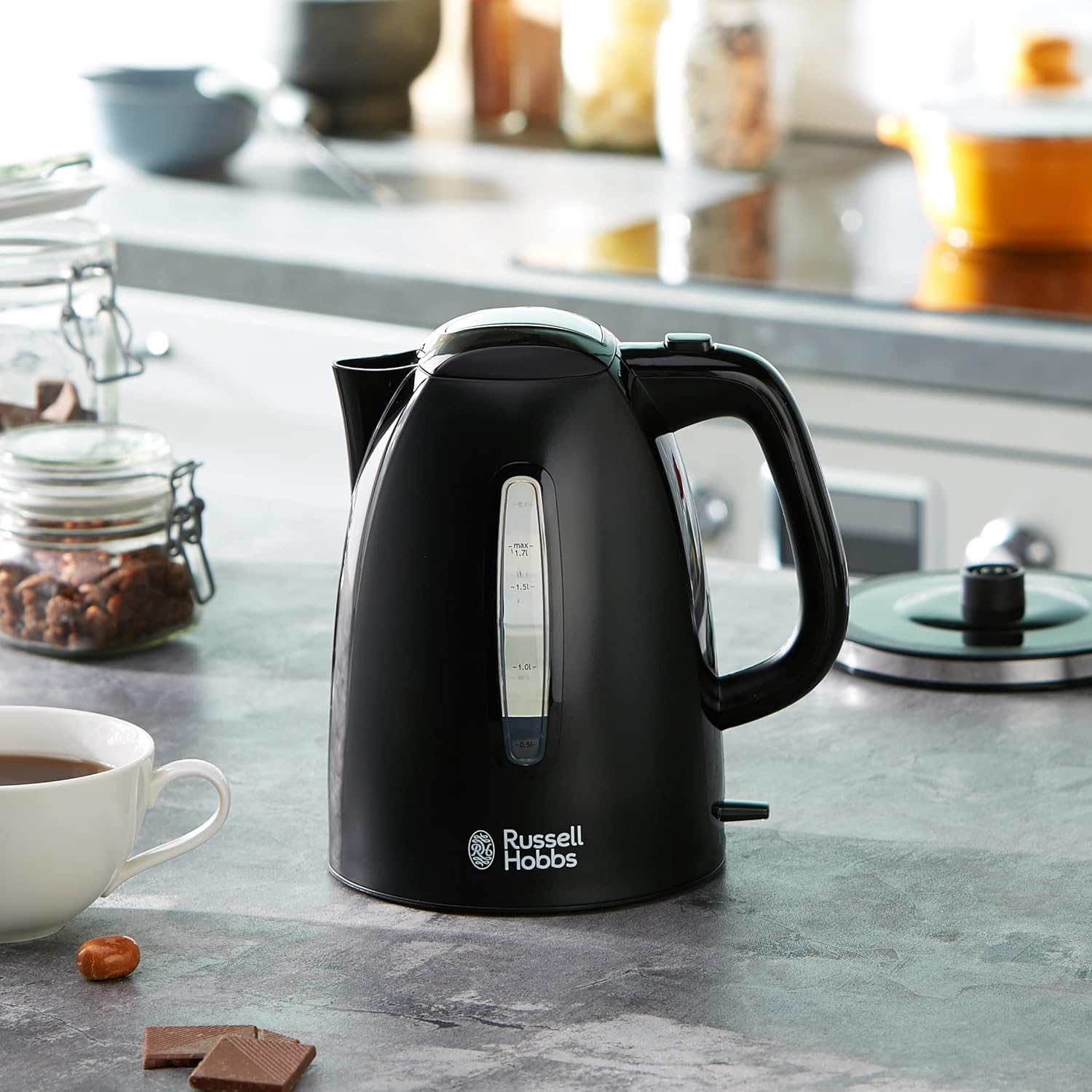 Russell Hobbs Textures+ 22591-70 Wasserkocher 1,7 l, 2400 W, LED-Beleuchtung, Schnellkochfunktion, optimierter Auslauf, abnehmbarer Kalkfilter, Teebereiter, schwarz, Energieklasse A++ – Bild 7