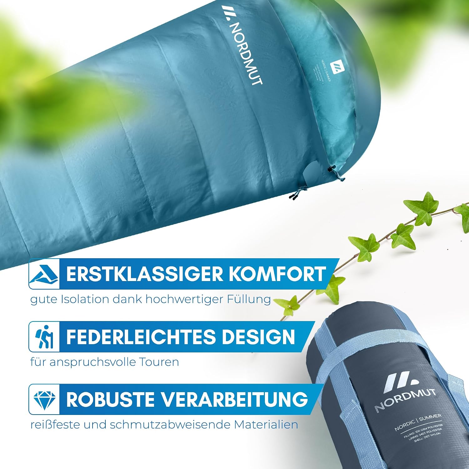 NORDMUT® Schlafsack Erwachsene – kleines Packmaß & Ultraleicht (900/1500g) – 3-Jahreszeiten (250 GSM) & Sommerschlafsack (100 GSM) – Mumienschlafsack für Camping, Outdoor & Festivals – Bild 6