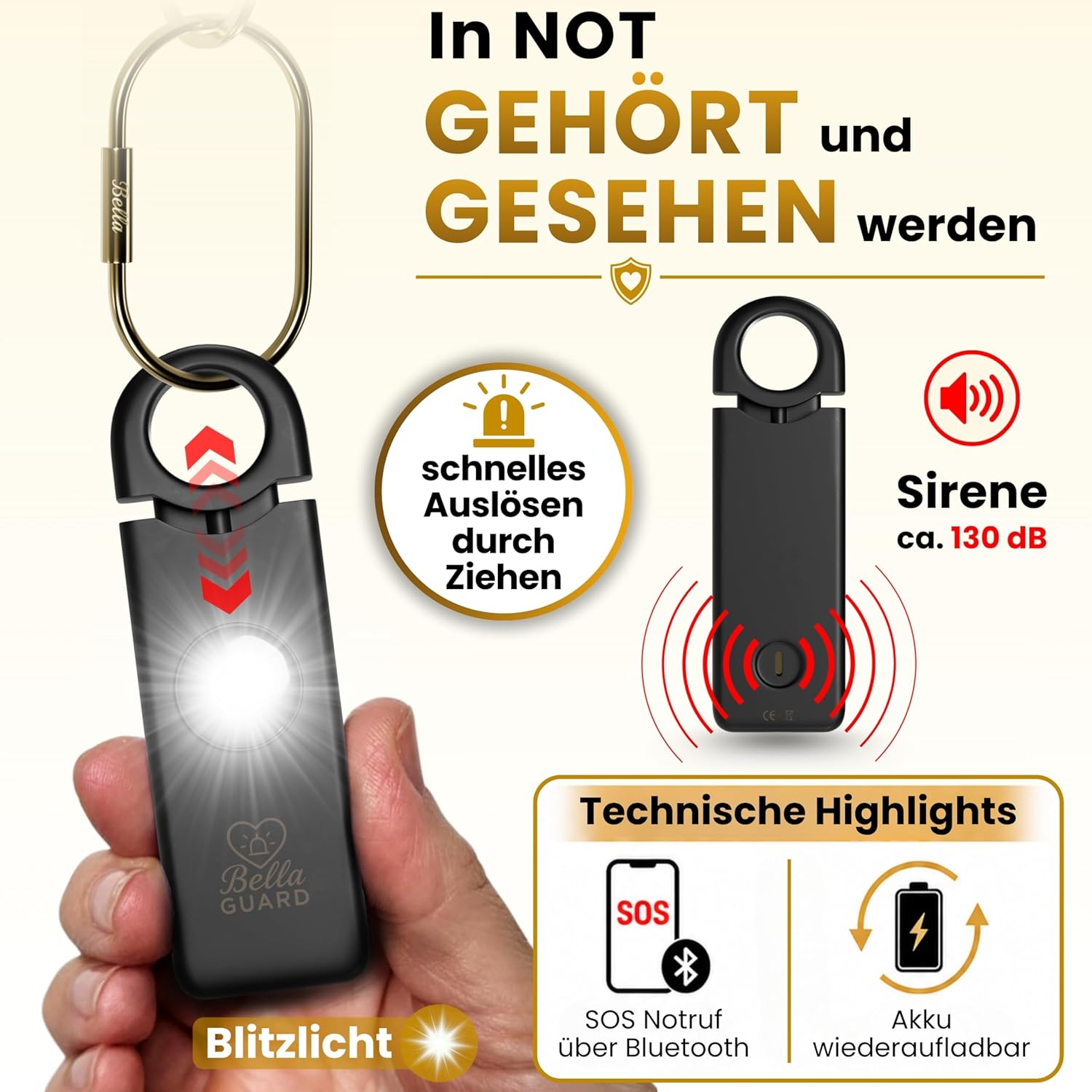 Bella Guard Taschenalarm – SOS-Notruffunktion über Bluetooth, Sirene 130 dB lautes LED-Blitzlicht, wiederaufladbarer Akku, Alarm für Frauen unterwegs zum Selbstschutz (schwarz) – Bild 2