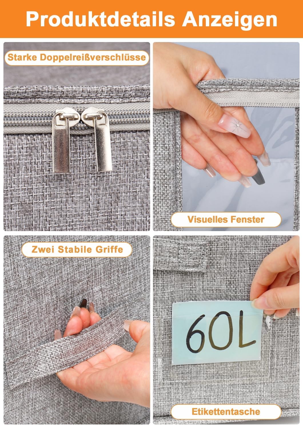 60L Aufbewahrungsboxen 2er Pack für Bettdecken, Decken, Bettwäsche und Kleidung, faltbare, formstabile Stoffboxen mit doppeltem Reißverschluss, Sichtfenster, starke Griffe, stapelbar, wasserdicht, grau – Bild 4