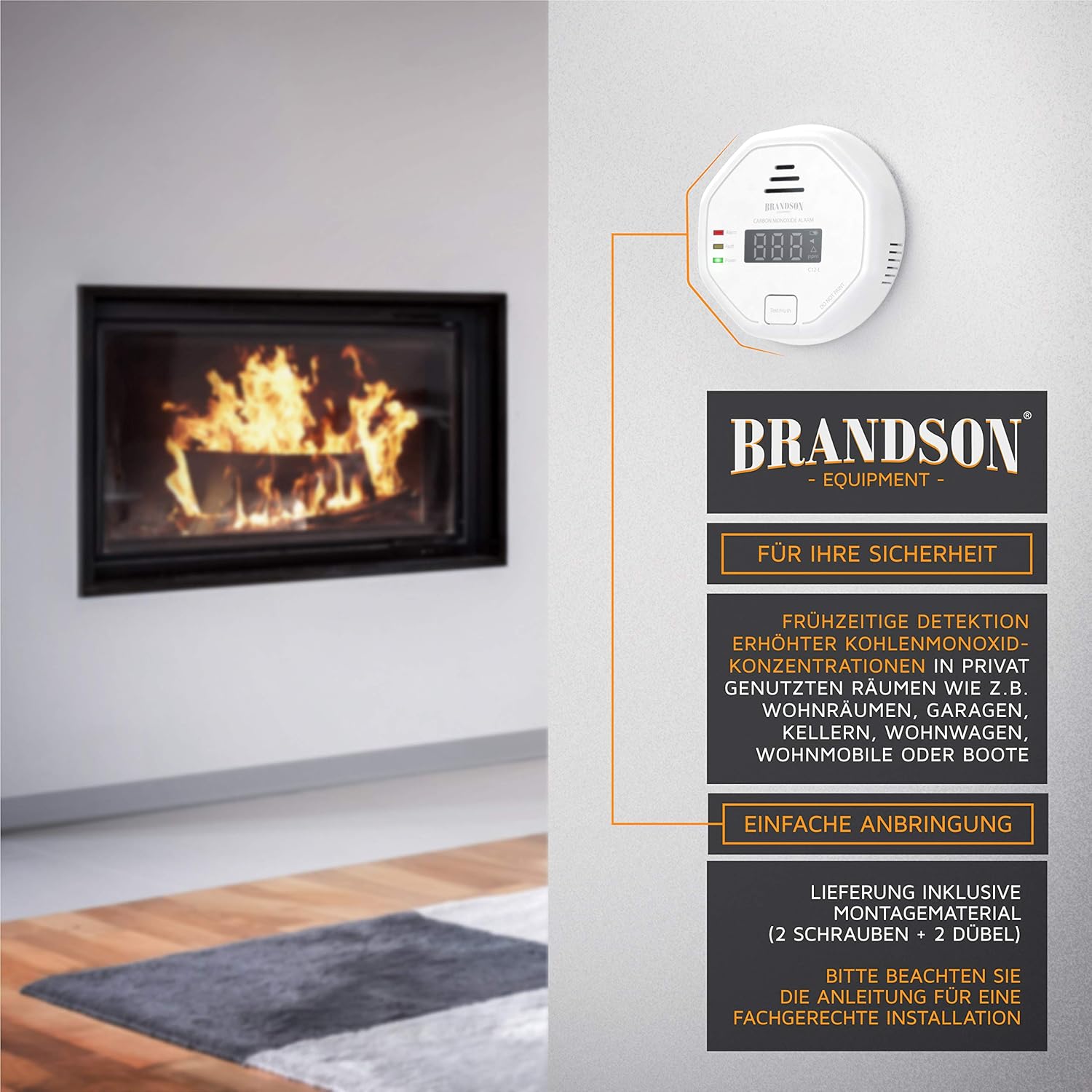 Brandson – Kohlenmonoxidmelder CO-Alarm – Kohlenmonoxidmelder – LCD-Display – lauter Alarm 85 dB – Testschalter – DIN EN50291 zertifiziert – batteriebetrieben – Weiß – Bild 5