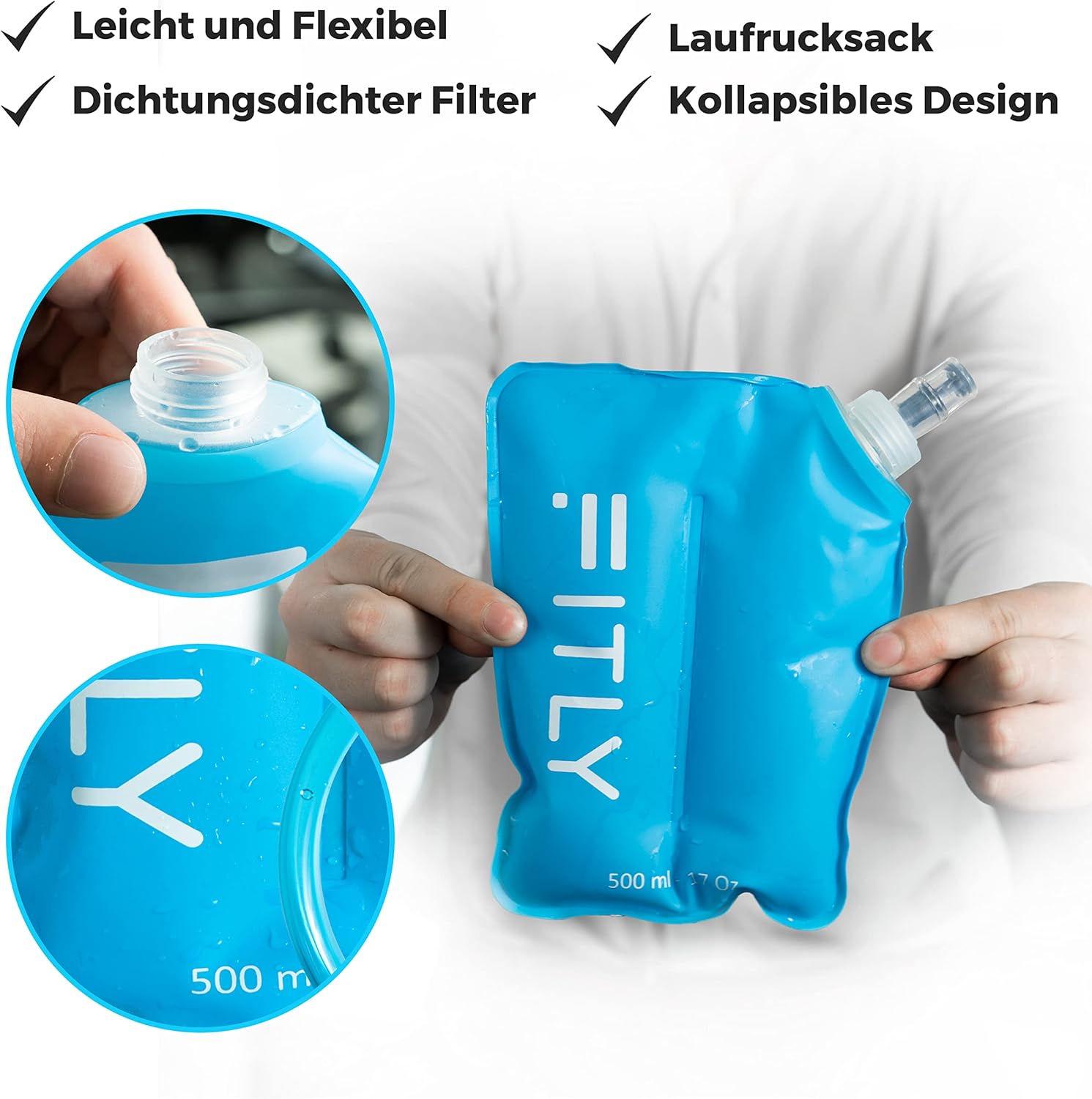 FITLY faltbare Wasserflasche – ideal zum Laufen, Wandern, Radfahren – Laufwasserflasche für Outdoor-Sportarten – Sportflasche zum Wandern – Wasserflasche für Trinkrucksack – Bild 2