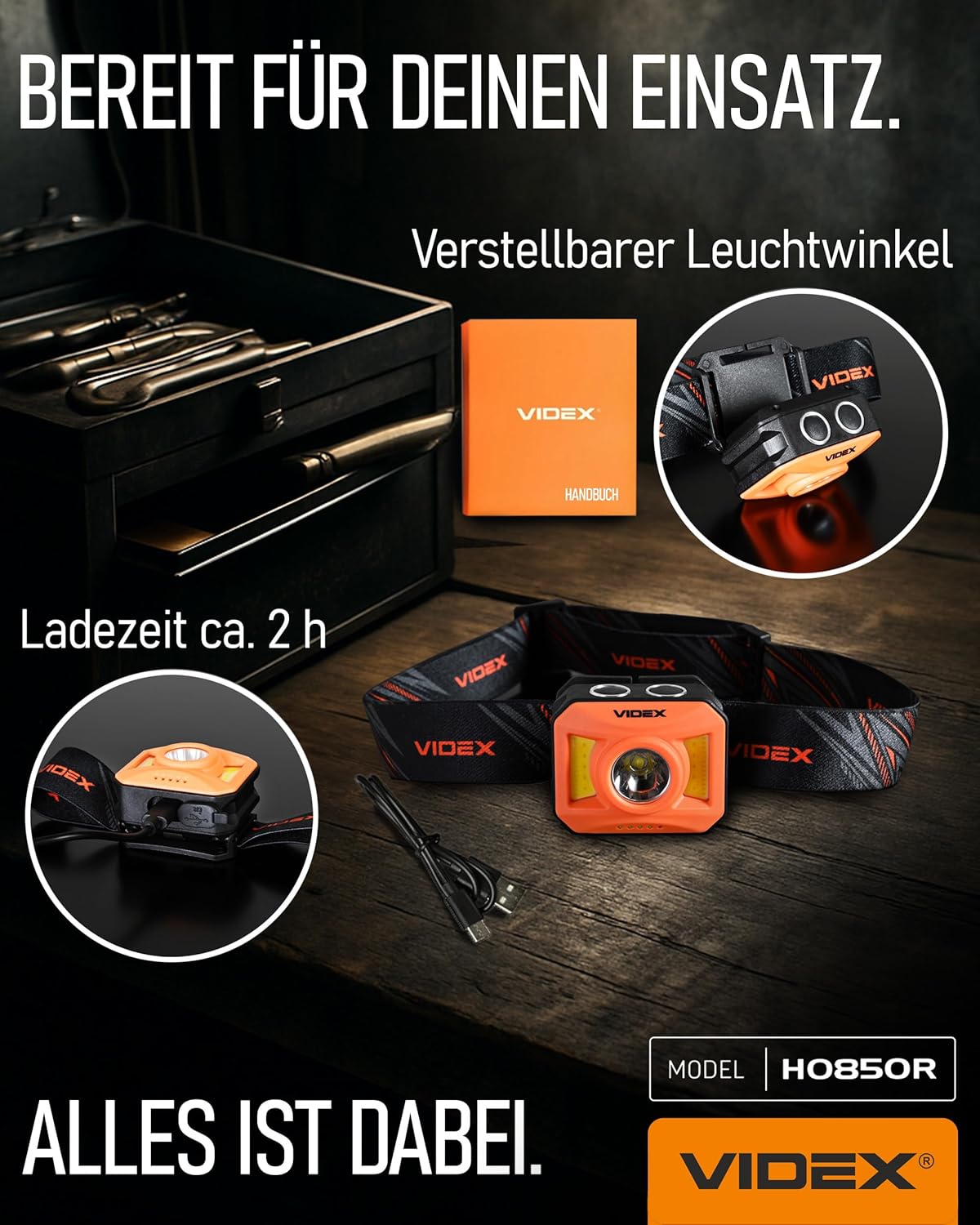 Videx Stirnlampe LED wiederaufladbar I Camping- & Wanderzubehör I Lauflicht mit USB C wiederaufladbar I Lauflampe mit Akku und rotem Licht zum Joggen I H085 400Lm 5000K – Bild 3