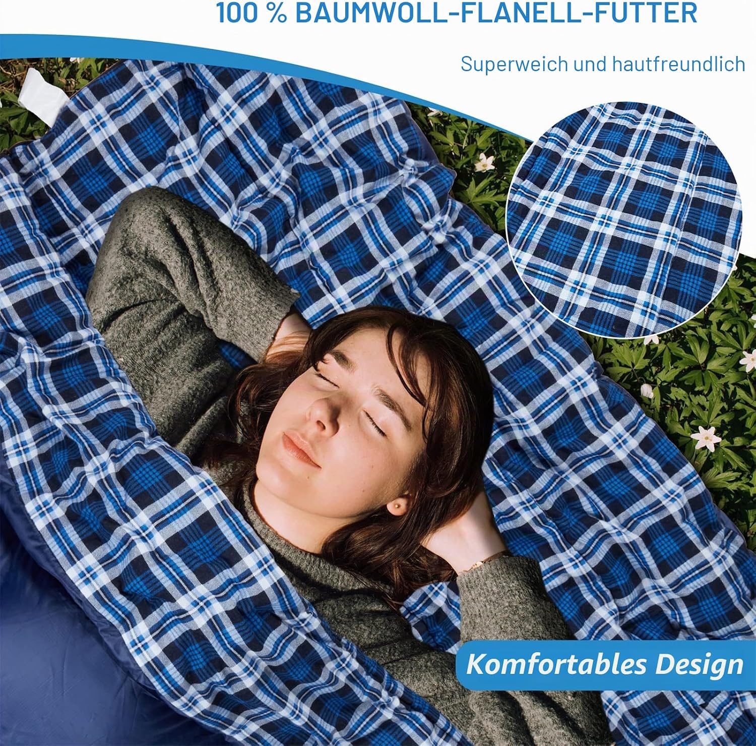 Doppelschlafsack aus Baumwollflanell für Camping, Wandern oder Wandern. Wasserdichter Schlafsack für 2 Personen, Queen-Size-Größe, für Erwachsene oder Jugendliche. LKW, Zelt oder Schlafsack, leicht – Bild 4