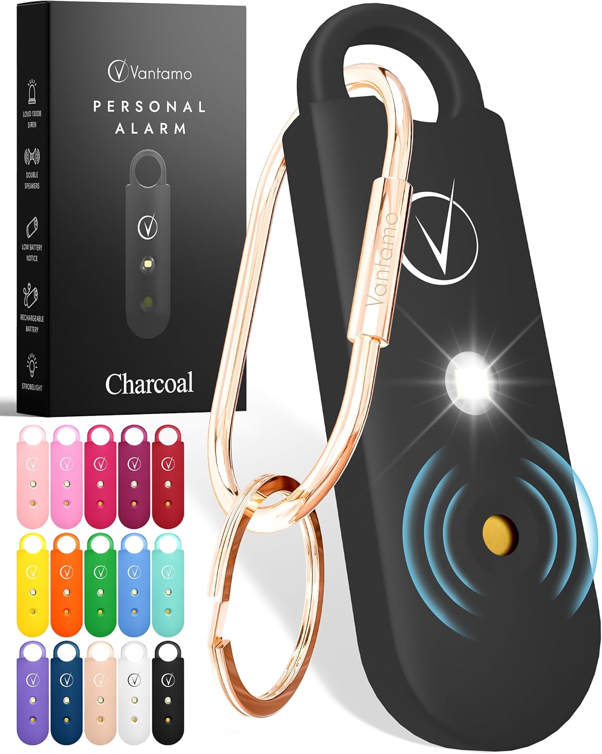 Vantamo Taschenalarm extra laut 130 dB mit 2 Lautsprechern für Selbstverteidigungsfrauen, helle Taschenlampe & Batteriewarnung, Alarm für Frauen unterwegs mit Schlüsselring