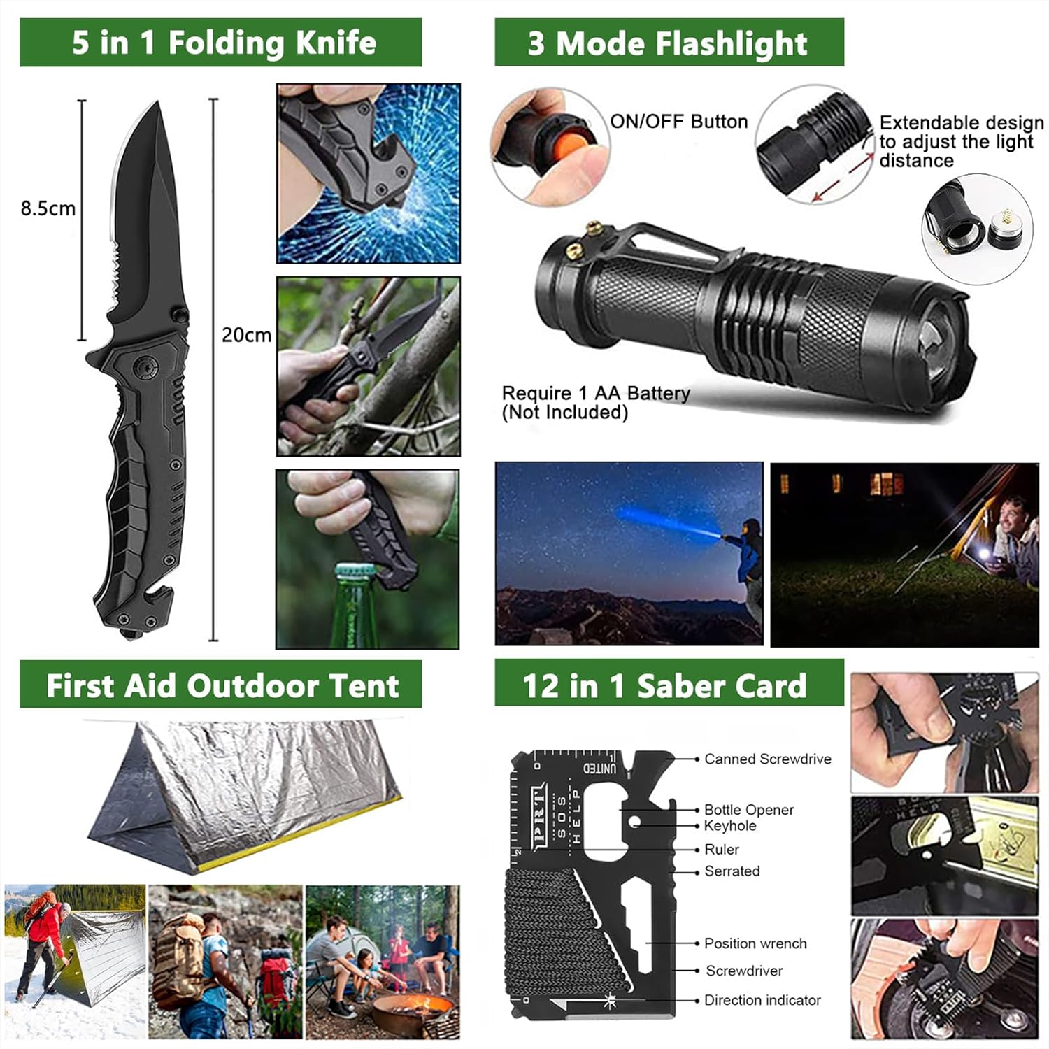 Survival-Kit 163 in 1, Notfall-Überlebensausrüstung mit Kompass, Jagdmesser, Multitool, Hammer, Axt, Taschenlampe und anderem Zubehör, Geschenke für Männer, Camping, Wandern, Abenteuer – Bild 3