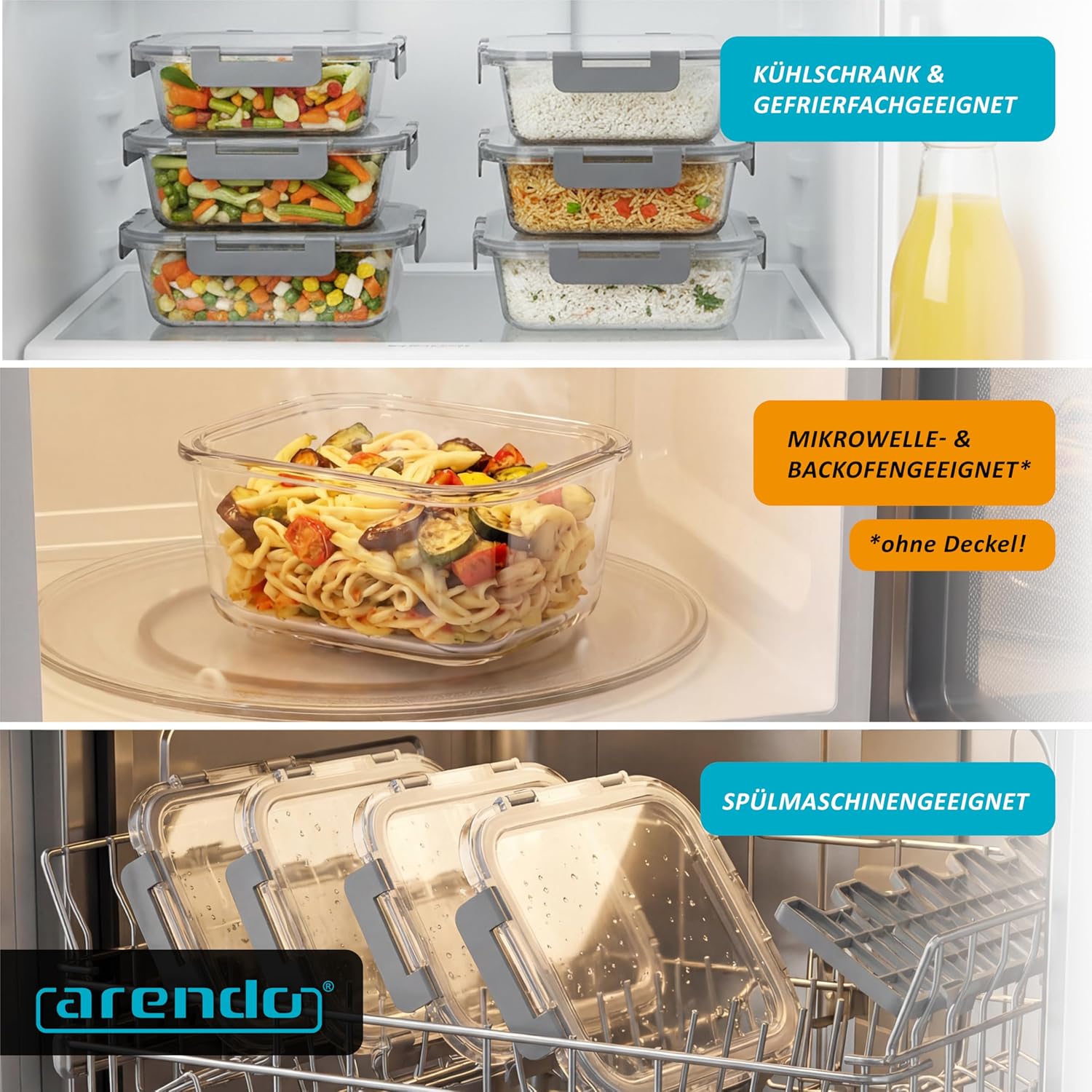 Arendo – Frischhaltedosen aus Glas für Lebensmittel mit luftdichtem Deckel – 5er-Set – 1000 ml – für Mikrowelle, Backofen, Gefrierschrank – spülmaschinenfest – Lunchboxen, Meal-Prep-Boxen-Set – Bild 5
