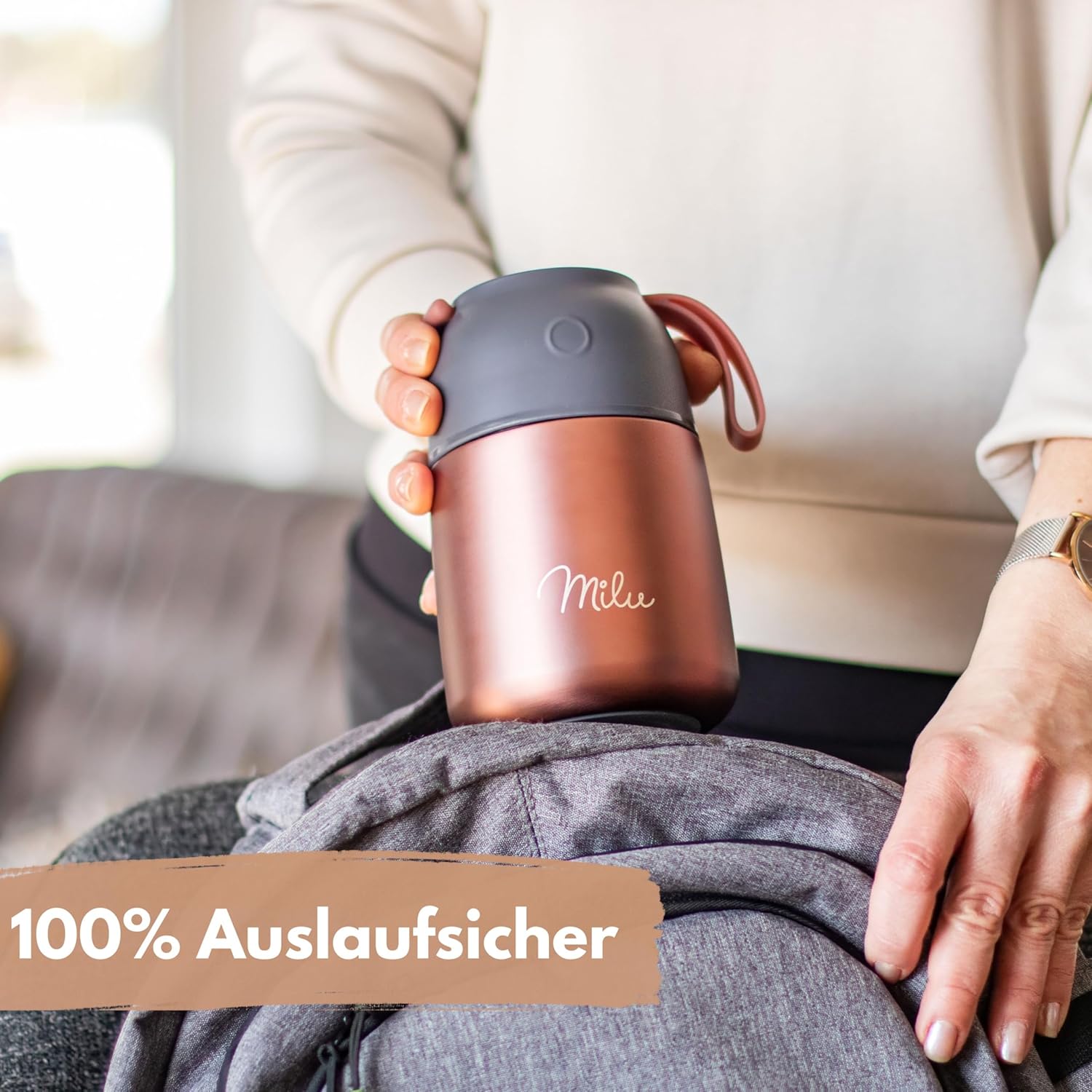 Milu Thermobehälter für Lebensmittel I 450 ml I Warmhaltebehälter aus Edelstahl mit Löffel, Thermobecher Essen, Thermo-Lunchbox für Kinder, Erwachsene, Thermobox Suppen, Babybrei, Essensbehälter Roségold, 450 ml – Bild 7