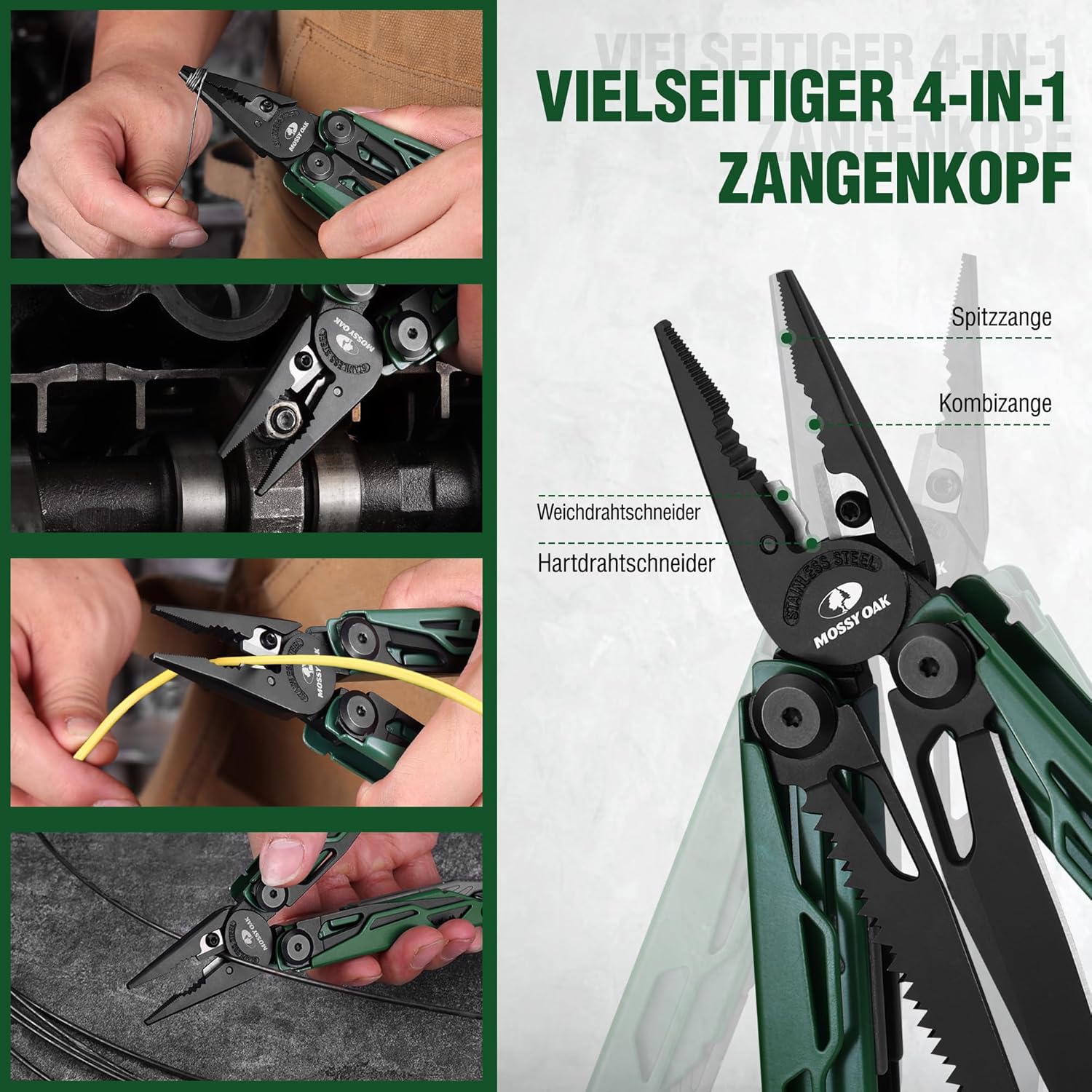 Mossy Oak Multifunktionszange, 27-in-1 Multitool-Werkzeug, faltbares Edelstahl-Multifunktionswerkzeug, Multifunktionszange mit 4 Bits, Messer, zum Wandern, Camping, Reparieren mit Tragetasche, Grün | Inklusive Messer, Feueranzünder, Pfeife, Flaschenöffner und Schraubenzieher für Camping, Wandern und Outdoor-Abenteuer – Bild 4