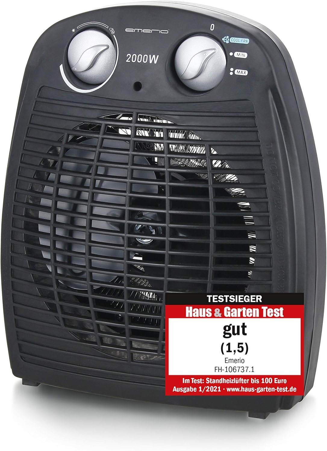 Emerio FH-106737.2, Note 1.5, kleiner kompakter tragbarer Heizlüfter für 25 m², 2 Heizleistungen + Lüfterfunktion, einstellbarer Thermostat, Sicherheitsschalter, Griff, 2000 Watt, Anthrazit