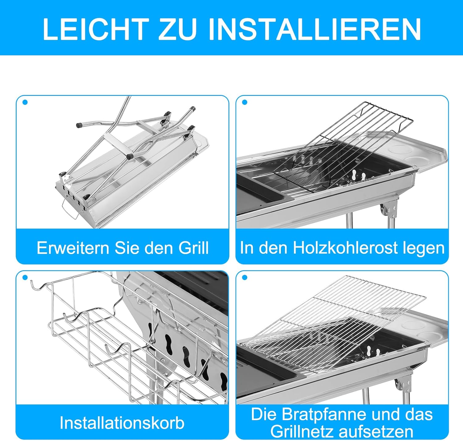 Holzkohlegrill, Campinggrill, Klappgrill aus Edelstahl, 100 x 31 x 71 cm (XXL), tragbare Grills, komplettes Zubehör, Outdoor, Terrasse, Camping, Grillparty, für 5-10 Personen – Bild 4