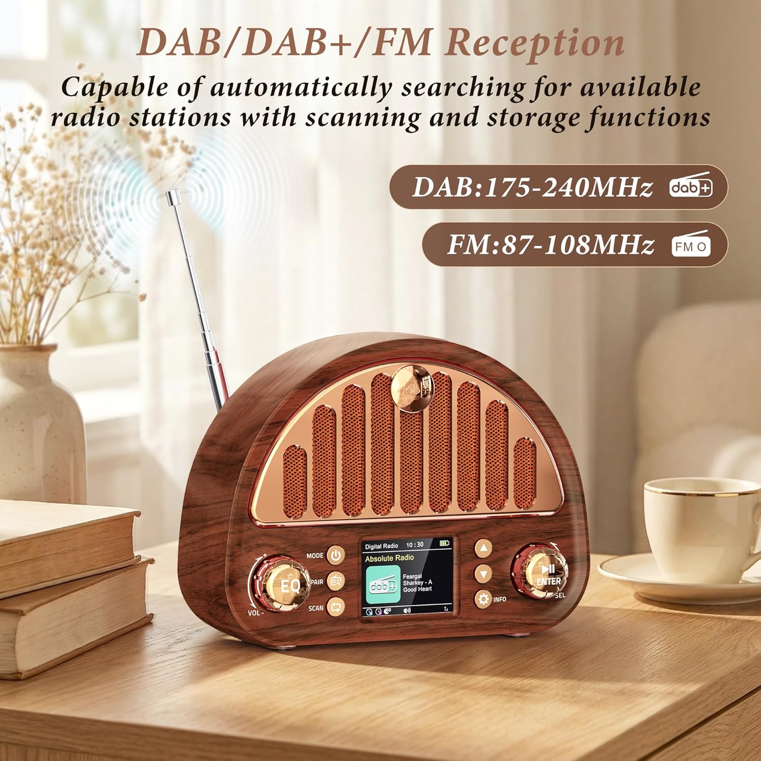Mesqool Tragbares DAB+/UKW-Radio, Retro-Radio mit Bluetooth 5.0, Nostalgie-Radio klein mit 3000 mAh Akku und Farbdisplay, EQ-Soundeffekt, 80 Voreinstellungen, TF/AUX-Anschluss, Doppelwecker – Bild 2
