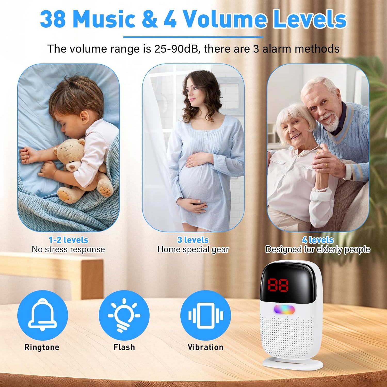 Notruftaste für Senioren, 2 Sender 1 Empfänger, Senioren-Notrufarmband | Notruf Armband mit Digitalanzeige, Kabelloser Hausnotruf Senioren USB-Aufladung, Tragbares Notfallknopf mit 38 Klingeltönen – Bild 6