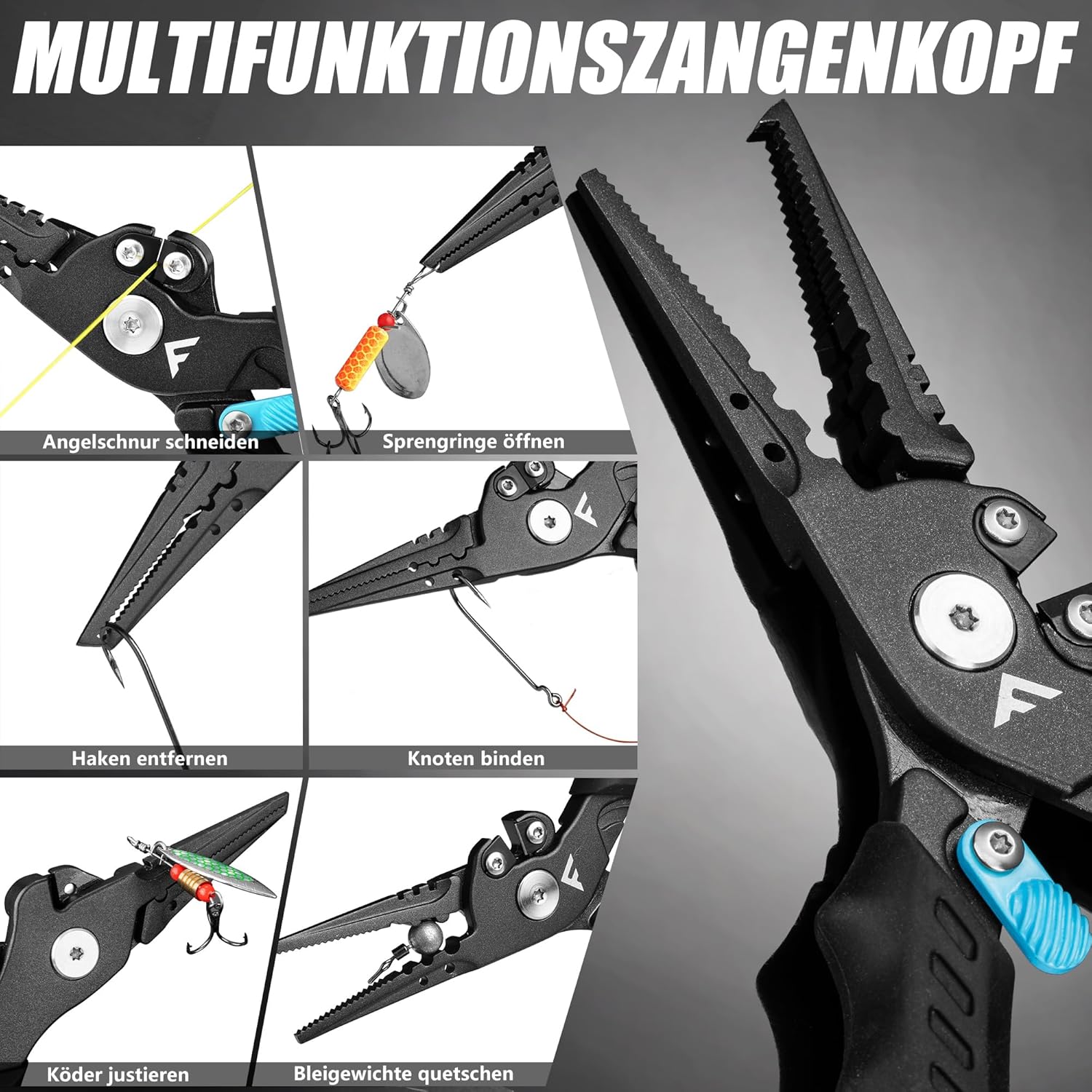 FLISSA Multifunktionale Angelzange, Multi-Angelzange mit Hakenlöser, Sicherheitsverriegelung, TPR-Griff, Edelstahlbacken, scharfe Schneidklingen mit Trageband und Tragetasche zum Angeln – Bild 3