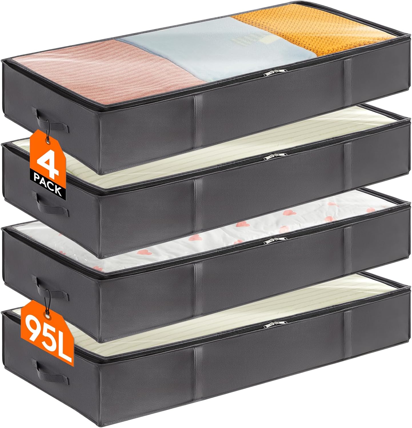 Lifewit Aufbewahrungstasche, Unterbett-Aufbewahrungstasche, Transporttasche, Umzugstaschen, Aufbewahrungsbox mit Deckel, faltbare Kleideraufbewahrung für Bettdecken, Kleidung, grau, 4 Stück, 95 l