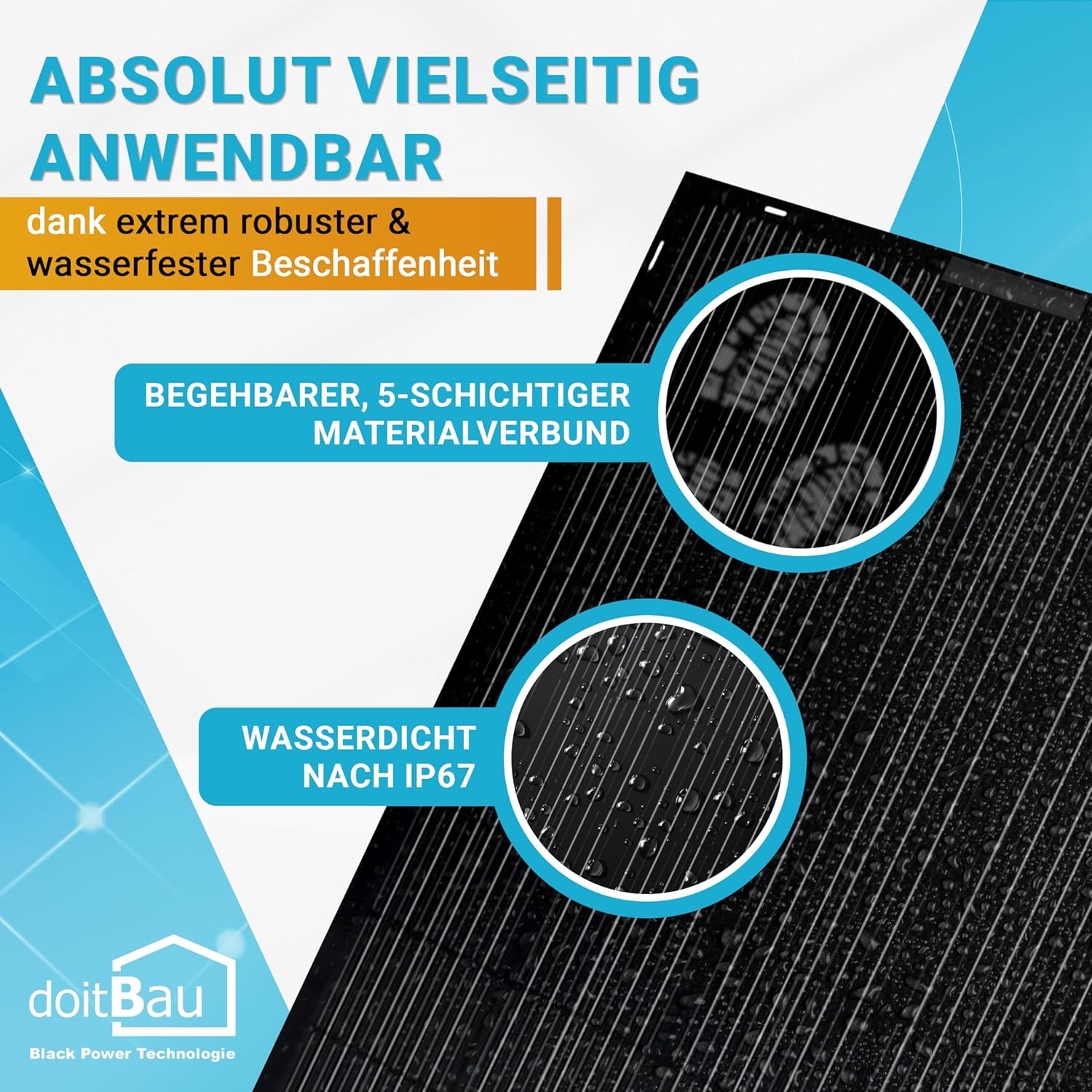 doitBau Flexibles Solarpanel 200 W, komplett schwarz mit Backbox – ultradünn 2 mm, 1,9 kg – 1352 x 770 mm für Wohnmobil, Boot, Balkon und Dach – Bild 3