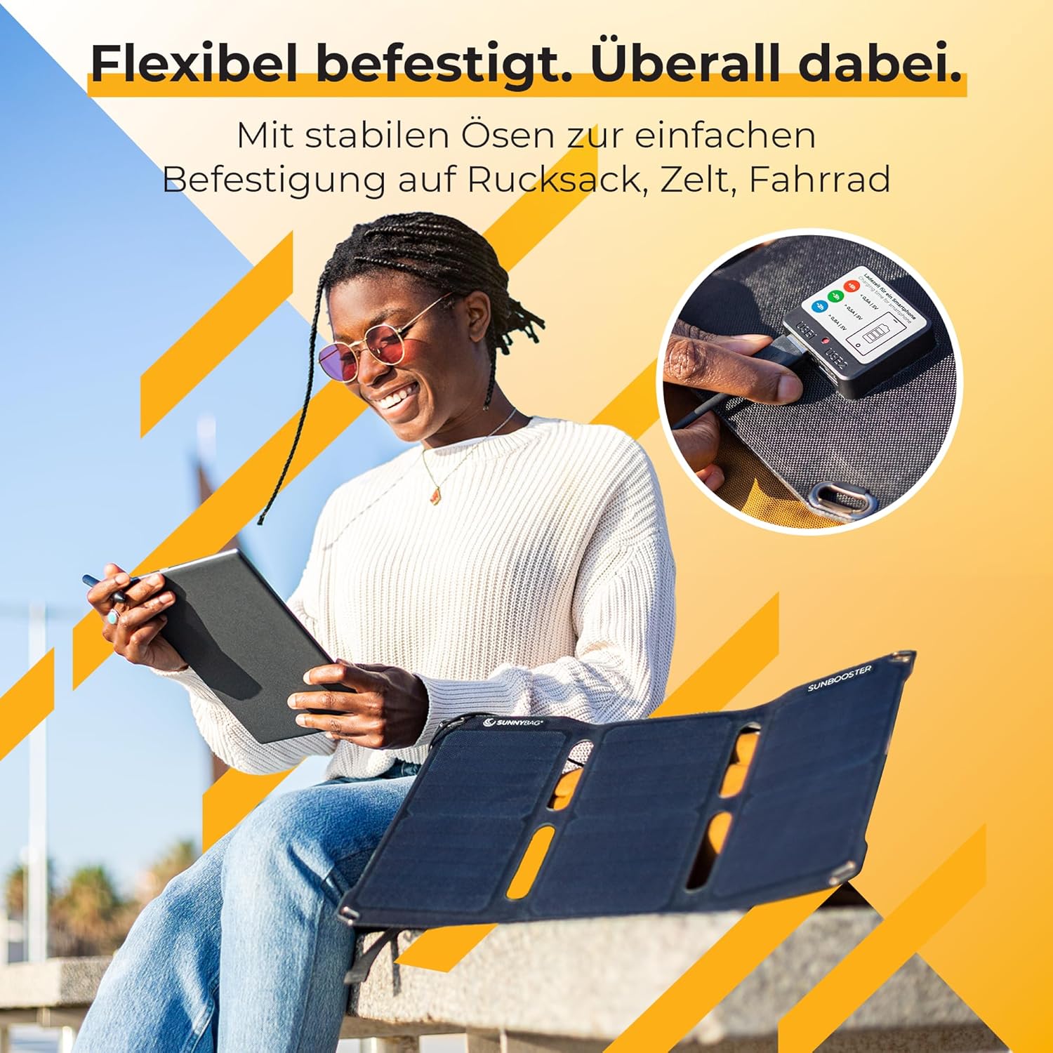 SunnyBAG SUNBOOSTER faltbares Solarmodul mit 21 Watt Leistung, umweltfreundliches Laden mit Solarenergie, wasserdicht und leicht, 2 USB-Ausgänge, 49 x 31 x 0,2 cm – Bild 5