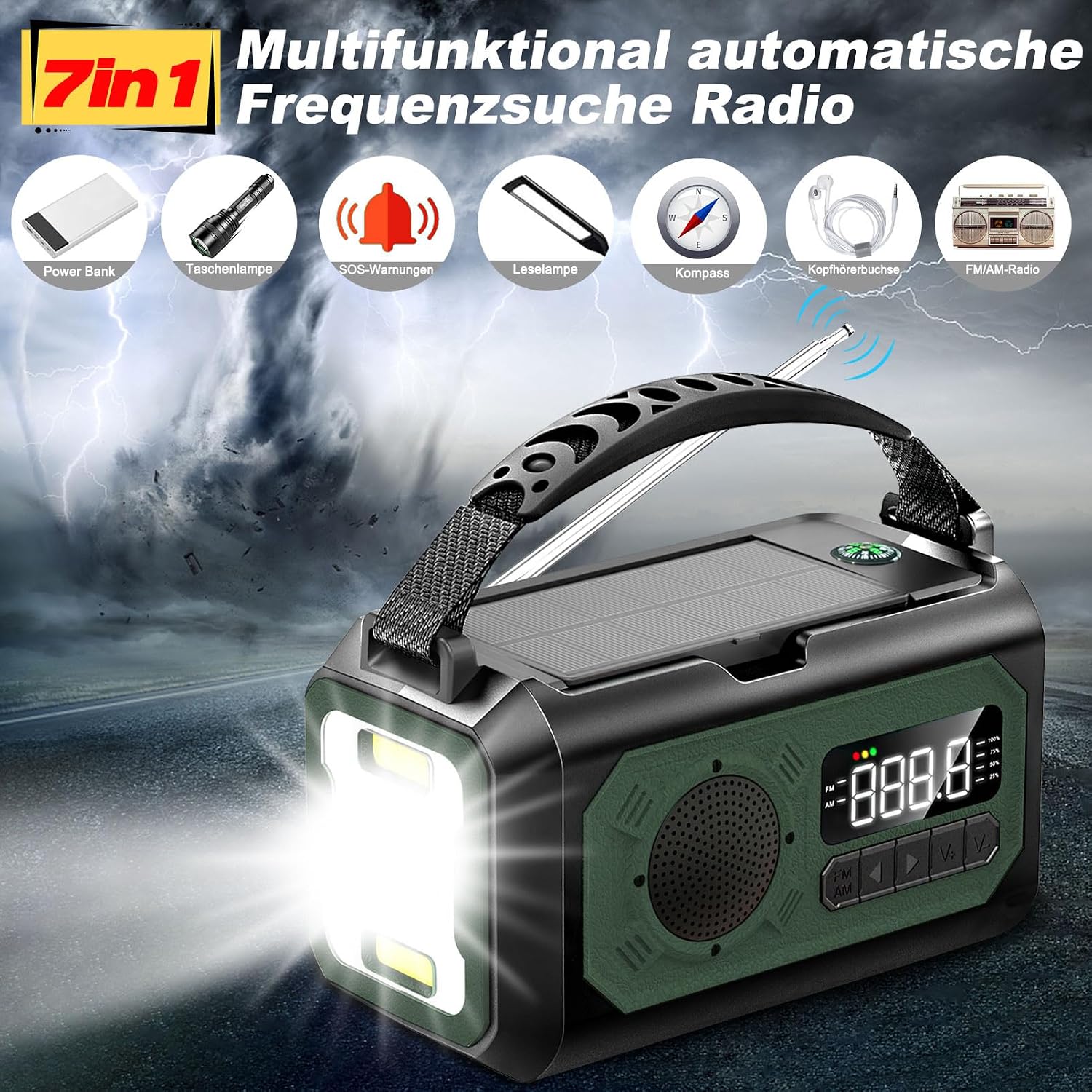 12000 mAh Kurbelradio mit Handy-Ladefunktion, Solar, 2 Solarpanels, AM/FM-Radio-Kurbel-Notfall, 3 Lademethoden, 7-in-1 tragbares Notfallradio, SOS, Taschenlampe, Kopfhöreranschluss, Kompass, Leselampe – Bild 3