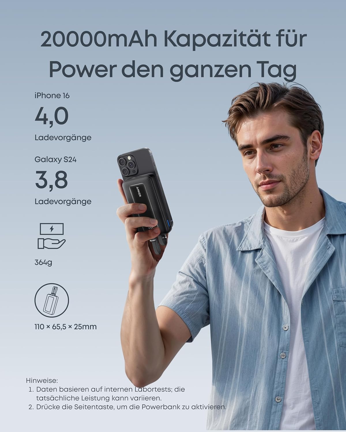 Anker Zolo Powerbank (Upgrade 2025), 45 W Schnellladung, 20000 mAh Akku, zwei integrierte USB-C-Kabel, 1 USB-C- und 1 USB-A-Anschluss, für iPhone 17/16-Serie, Galaxy, MacBook und mehr – Bild 4