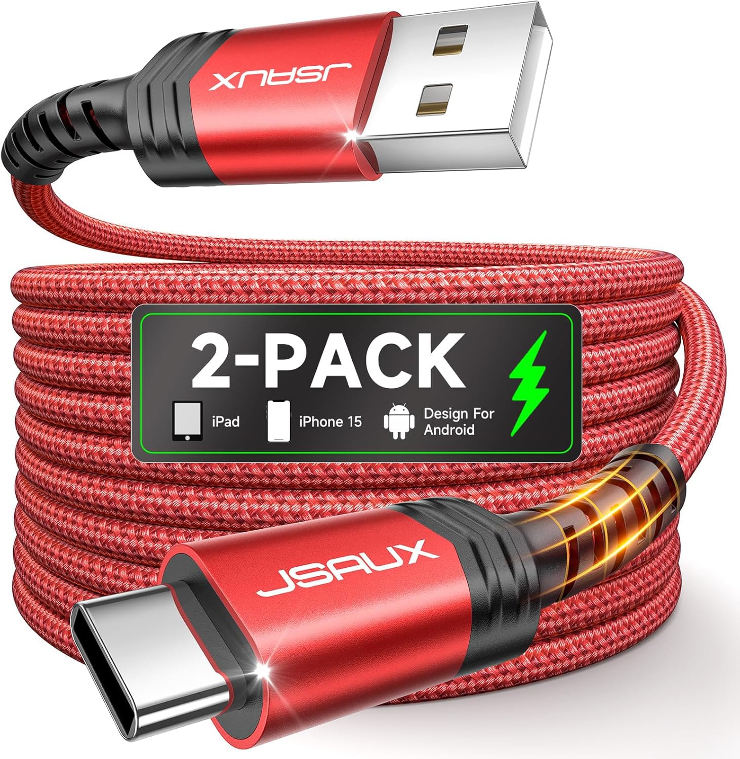 Jsaux USB-C-Kabel (2 Einheiten, 2 m), Nylon-Typ-C-Ladekabel für Samsung Galaxy S10, S9, S8 Plus, Note 10, 9, 8, A3, A5 2017, LG G5, G6, V20, HTC 10, U11, Sony Xperia XZ Xa1, Huawei P30, P20 Mate, 20 Lite, P10, P9 usw.