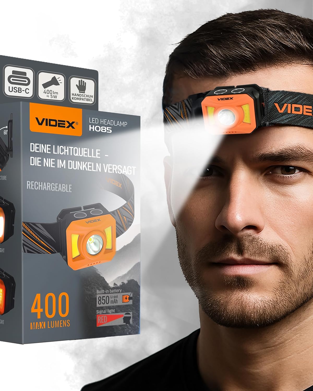 Videx Stirnlampe LED wiederaufladbar I Camping- & Wanderzubehör I Lauflicht mit USB C wiederaufladbar I Lauflampe mit Akku und rotem Licht zum Joggen I H085 400Lm 5000K – Bild 8