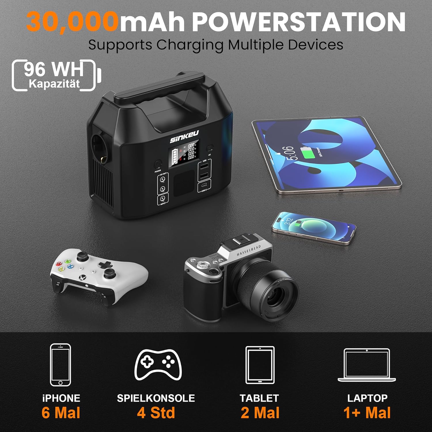 SinKeu 96Wh tragbares Kraftwerk mit 40-W-Solarpanel, 30000-mAh-LiFePO4-Batterie-Solargenerator mit 230-V-150-W-AC-Steckdose/12-V-DC/USB, Notstromversorgung für Camping, Picknicks, Garten, Notfälle – Bild 3