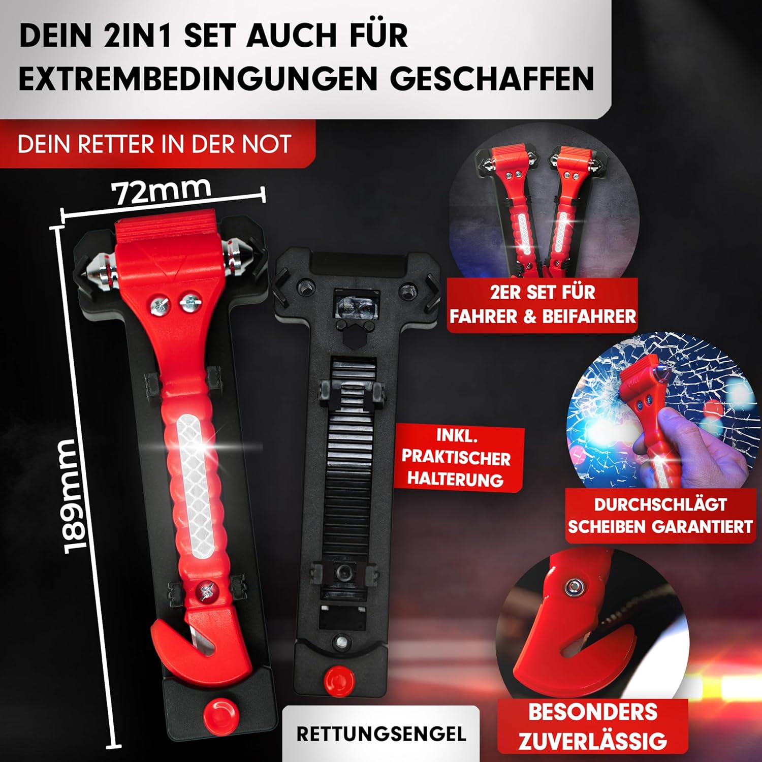2-in-1-Nothammer mit Sicherheitsgurtschneider für das Auto (2er-Set) | Gehärtete Spitzen, Testsieger, inklusive Reflektor | Nothammer-Gürtelmesser als Rettungsgerät im Notfall für Fenster – Bild 5