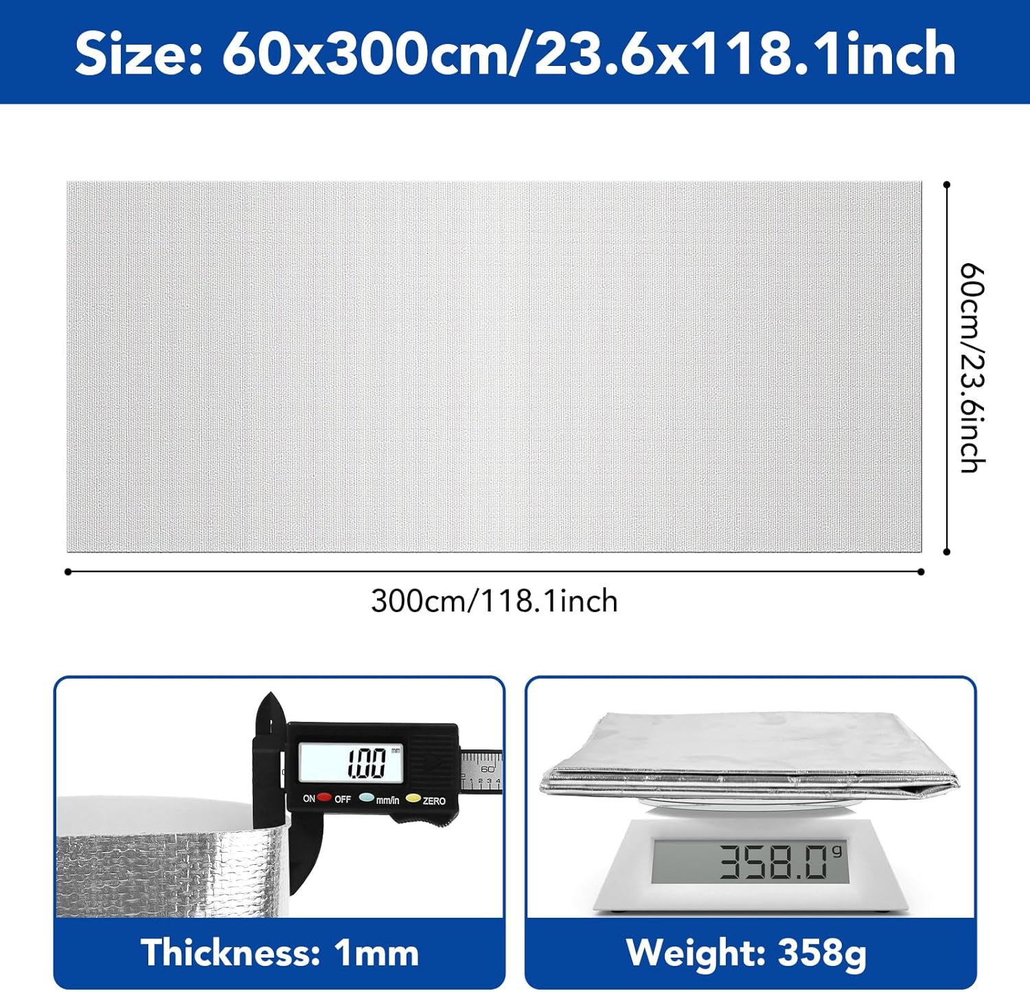 Aluminisierte Hitzeschutzmatte, 60 x 300 cm, Hitzeschutzfolie, selbstklebende Rückseite, Isolierfolie, Heizung, selbstklebende Rückseite, Aluminium-Glasfaserplatte für Schlauch und automatische Verwendung – Bild 2