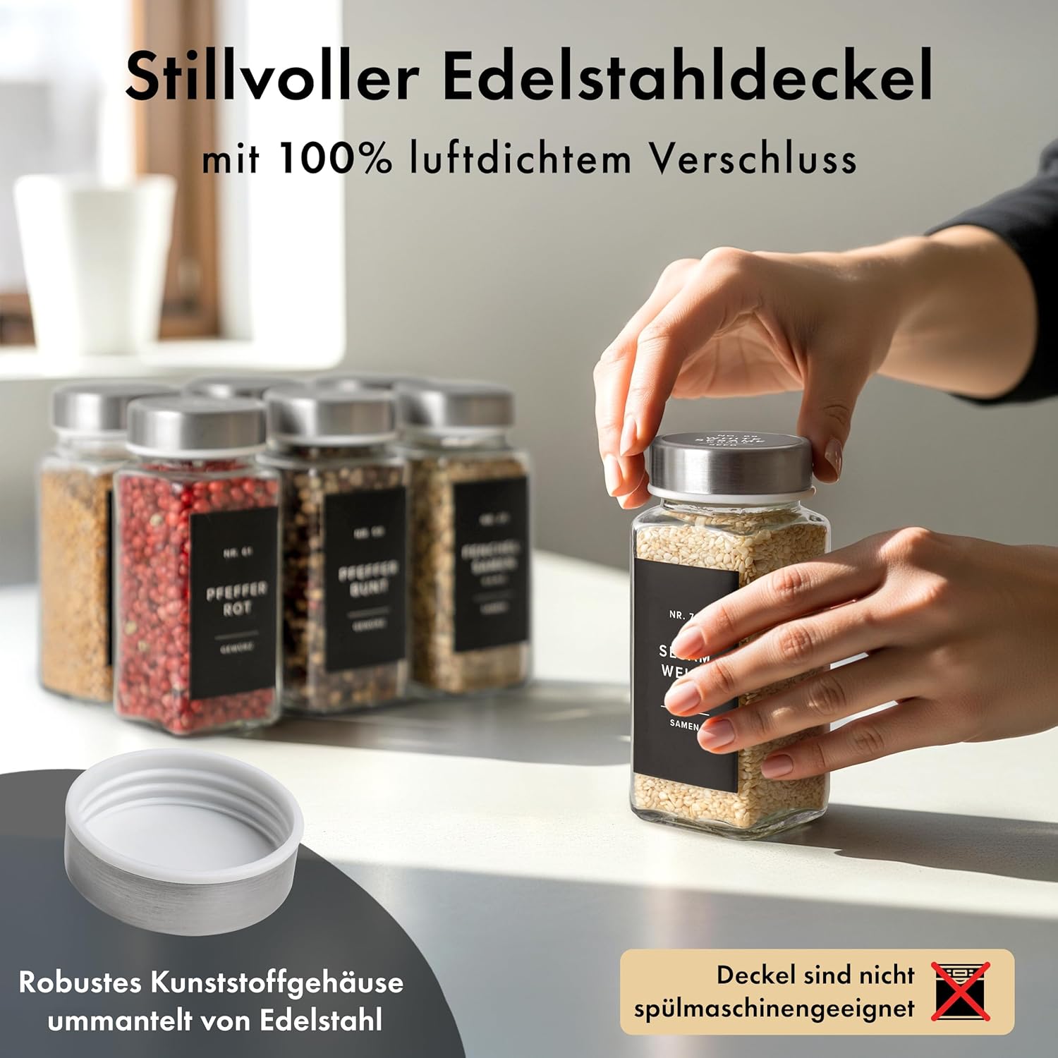 EDELHAUS Quadratisches Gewürzdosen-Set mit Edelstahldeckel (24 x 120 ml), Gewürzstreuer mit Streueinsatz und 240 Etiketten schwarz – hochwertige Gewürzbehälter, Gewürzdosen, Gewürz-Organizer (10,7 cm x 4,5 cm) – Bild 7