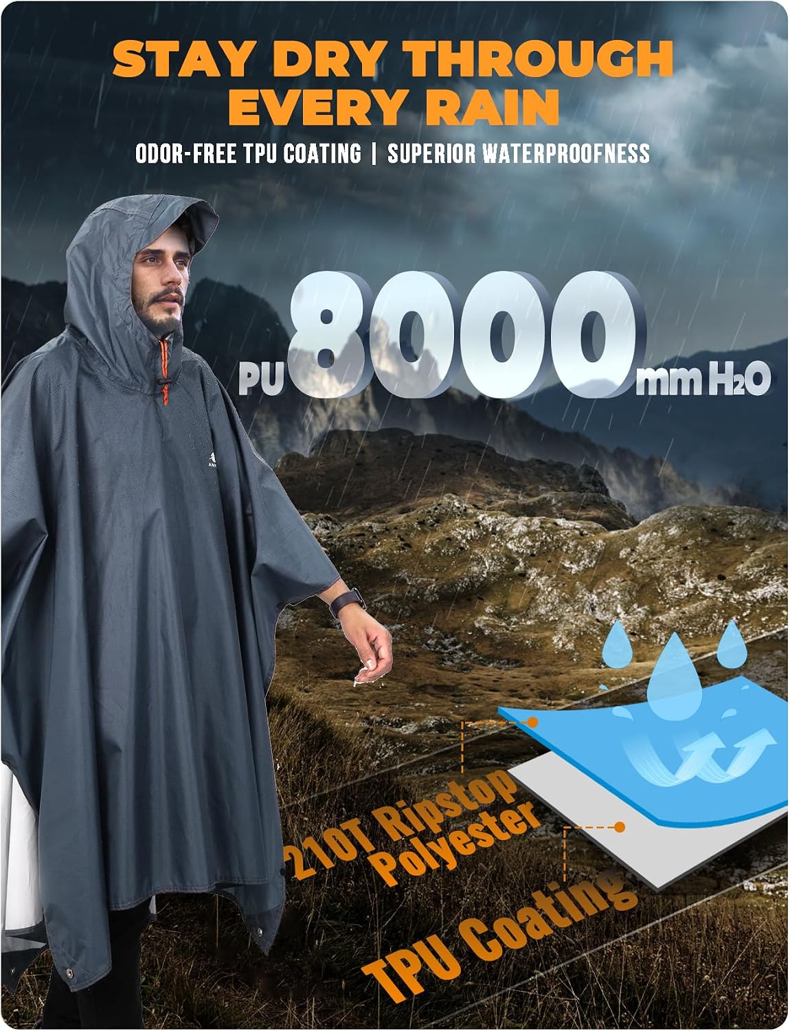 ANYOO Leichte, wasserdichte Regenjacke, wiederverwendbar, Ripstop, atmungsaktiv, Mehrzweck-Regenmantel mit Kapuze, faltbare Schutzdecke, Schutzplane, ideal für draußen, Camping, Wandern, Angeln – Bild 3