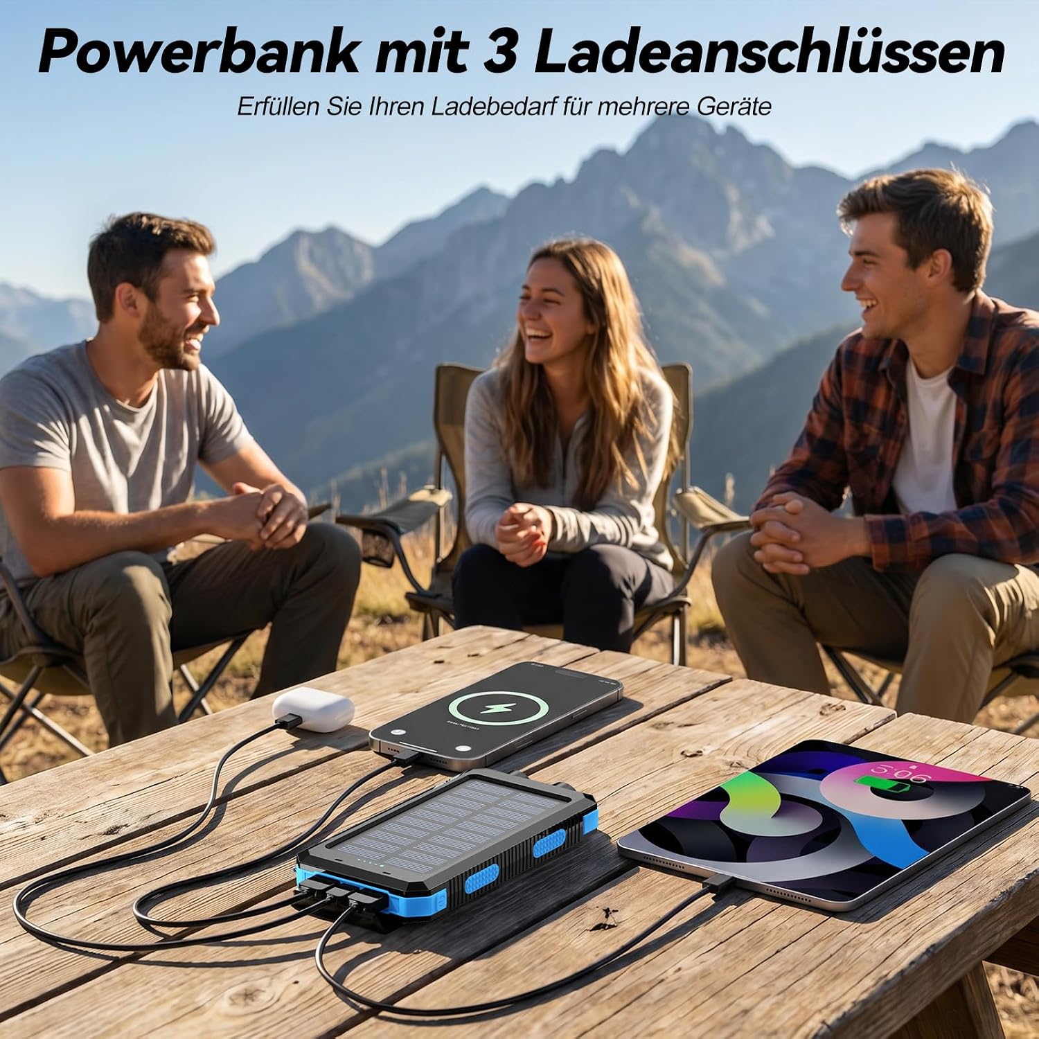 Vikeri Solar Power Bank 26800 mAh, Power Bank Solar Wasserdicht USB C Externer Akku mit 4 Ausgängen, Powerbank für Smartphones, Tablets und mehr (Blau) – Bild 3