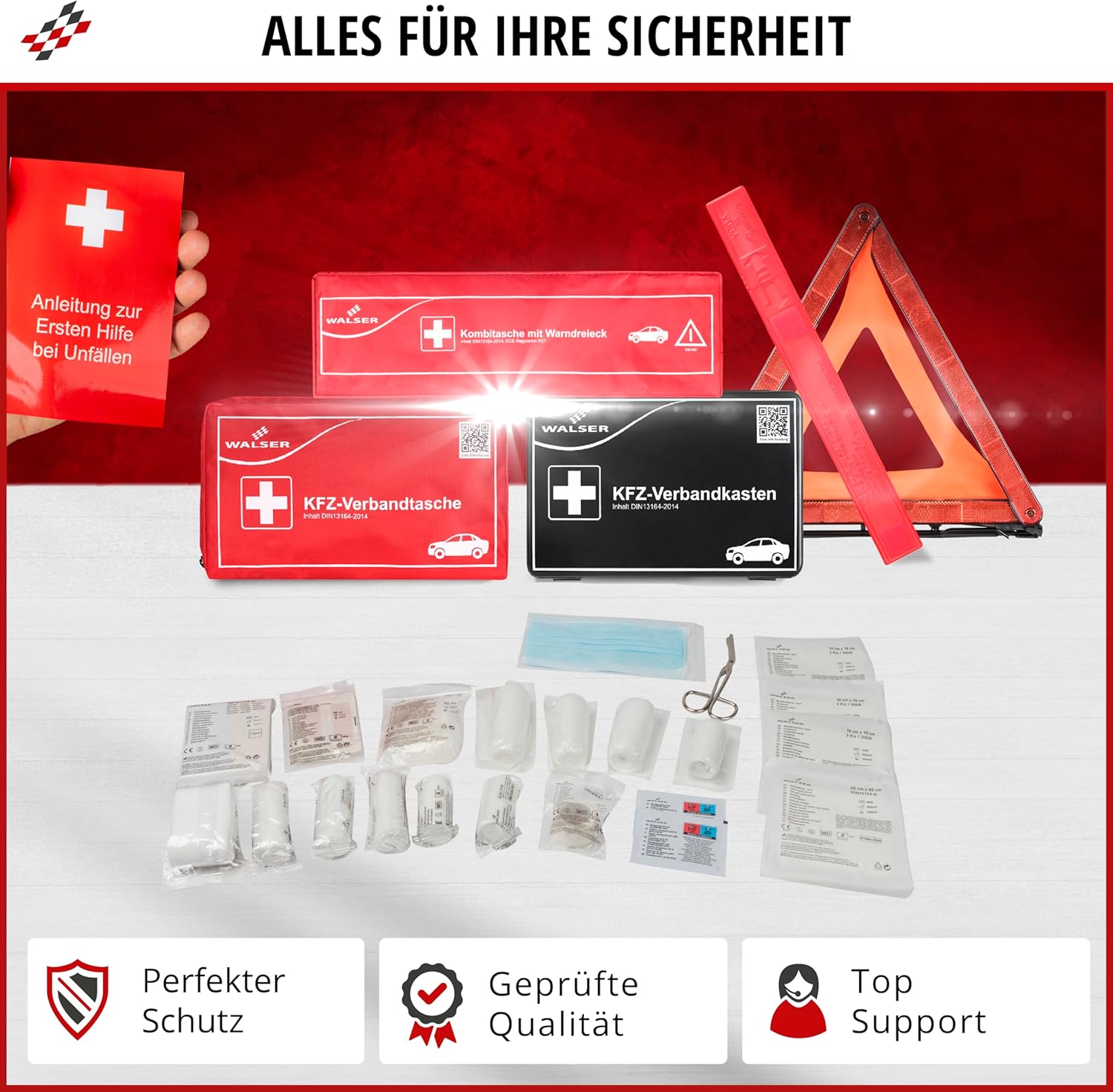 WALSER Kfz-Verbandstasche 2026 nach StVO konform, 3-in-1 Kfz-Verbandskasten mit Pannendreieck und Warnweste, Kombitasche, Verbandskasten, Warnweste PKW + Warndreieck PKW DIN 13164 – Bild 7
