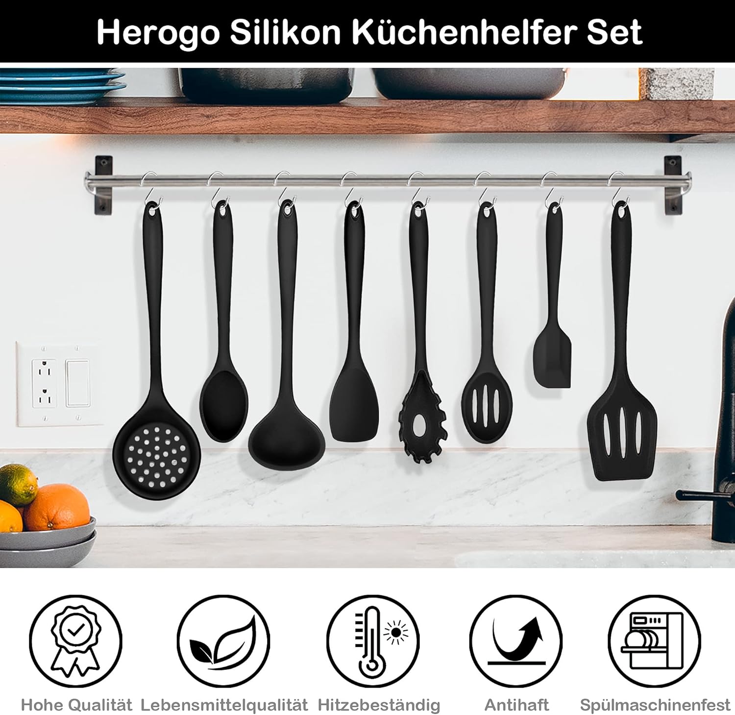 Herogo Küchenutensilien-Set, 8-teiliges Kochbesteck-Set aus Silikon, antihaftbeschichtet, hitzebeständig, Küchenutensilien, Kochgeschirr mit Silikonspatel/Löffel/Spachtel/Schöpfkelle – Schwarz – Bild 2