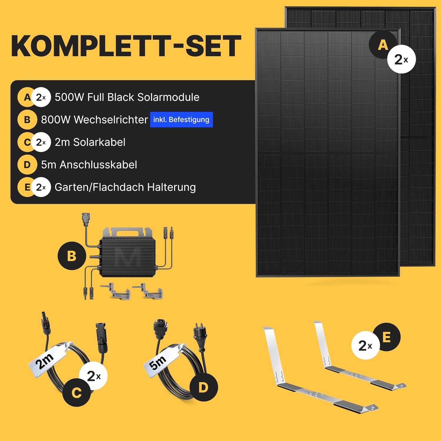 Solakon 1000 W Balkonkraftwerk mit Halterung (Flachdach) – Balkonkraftwerk 800 W Komplettsteckdose – 800 Watt Wechselrichter – Solaranlage Komplettset – 500 W bifaziale Solarmodule inklusive Zubehör – Bild 4
