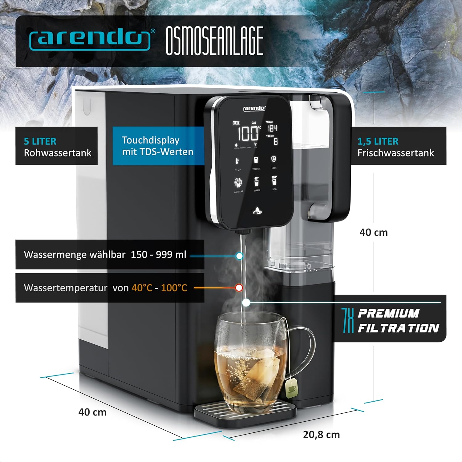Arendo – Premium-Osmose-System – 99,99 % reines Trinkwasser – 7-stufiges Filtersystem (5+2) – Umkehrosmose/Wasserfilter – keine Installation – Aufsatzgerät – Heißwasserspender 40 °C – 100 °C – TDS – Bild 2