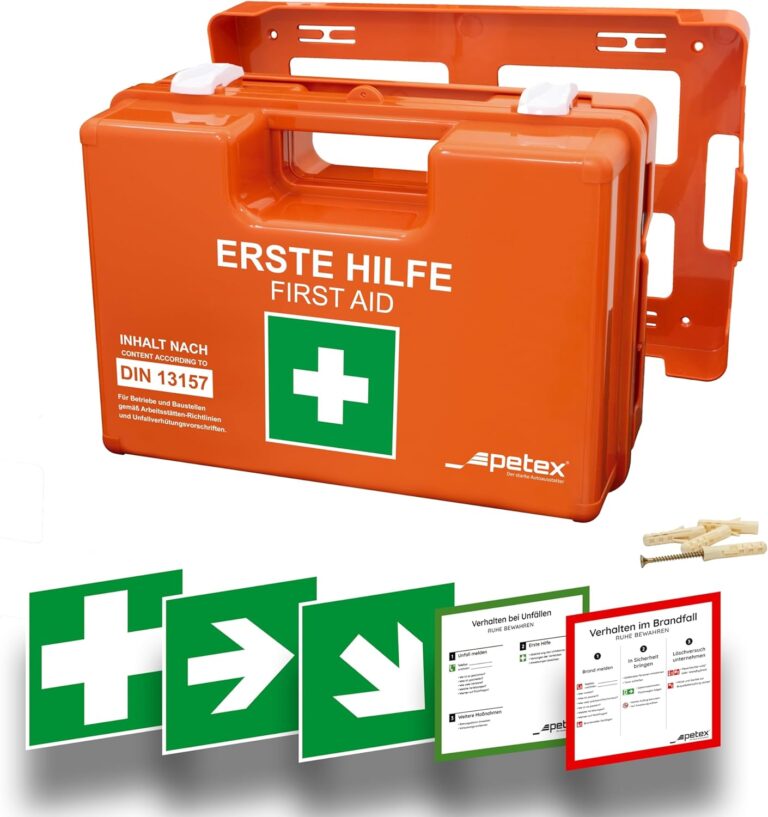 Petex Professional Professioneller Erste-Hilfe-Kasten DIN 13157 mit Wandhalterung Orange