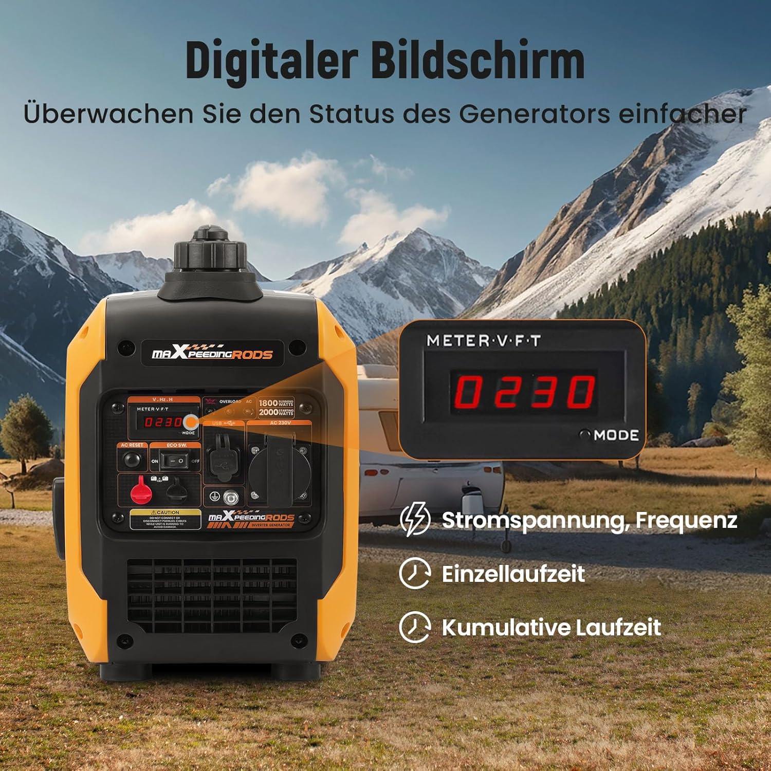 maXpeedingrods Inverter Stromerzeuger 2000W Benzin 4-Takt mit USB und 230V Steckdosen, Digitalanzeige, kompakt und leicht für Camping, Outdoor-Reisen, Wohnmobil – Bild 3