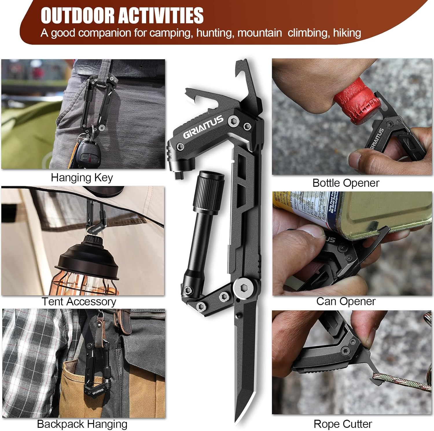 8en1 Karabiner-Multitool mit Taschenmesser, Säge, Seilschneider, Schraubendreher, Dosen, Flaschenöffner, Lineal, Klappmesser, Geschenke für Männer, Camping-Zubehör, Wandern (schwarz) – Bild 4