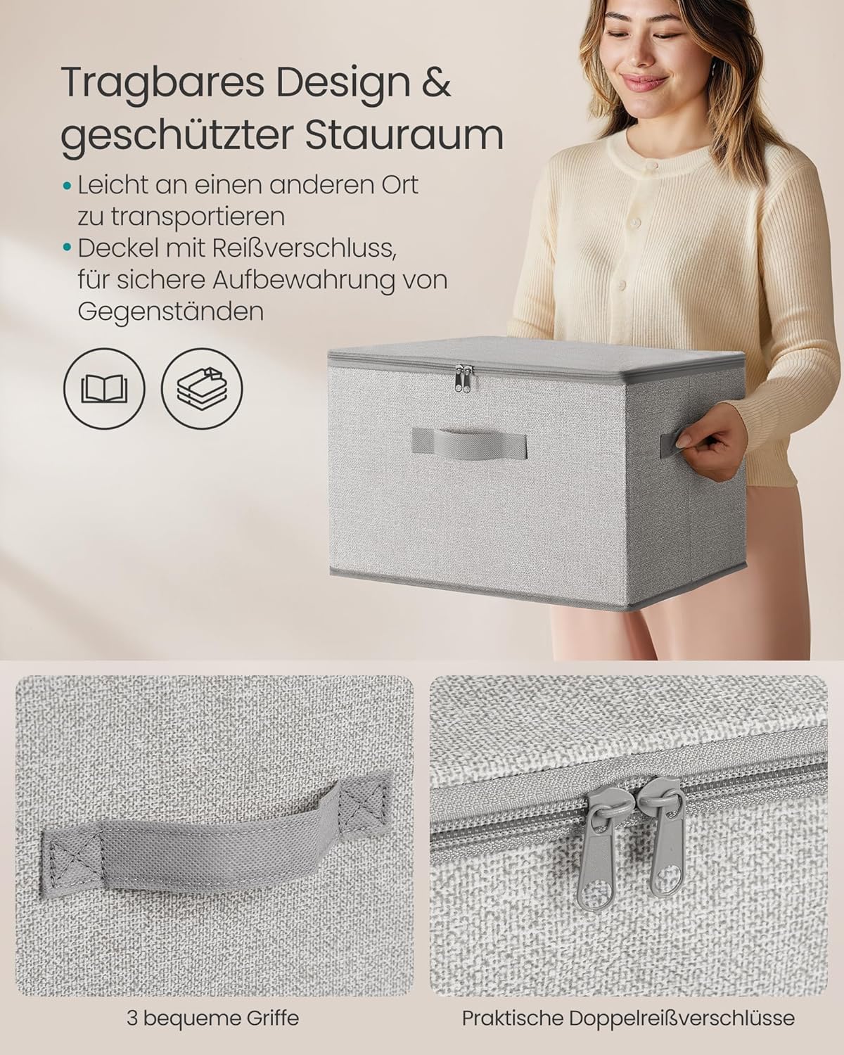 SONGMICS Aufbewahrungsbox mit Deckel, faltbare Stoffbox mit Griffen, Aufbewahrung für Kleidung, Vliesstoff, 6er-Set, 40 x 30 x 25 cm, Taubengrau RZB003W02 – Bild 3