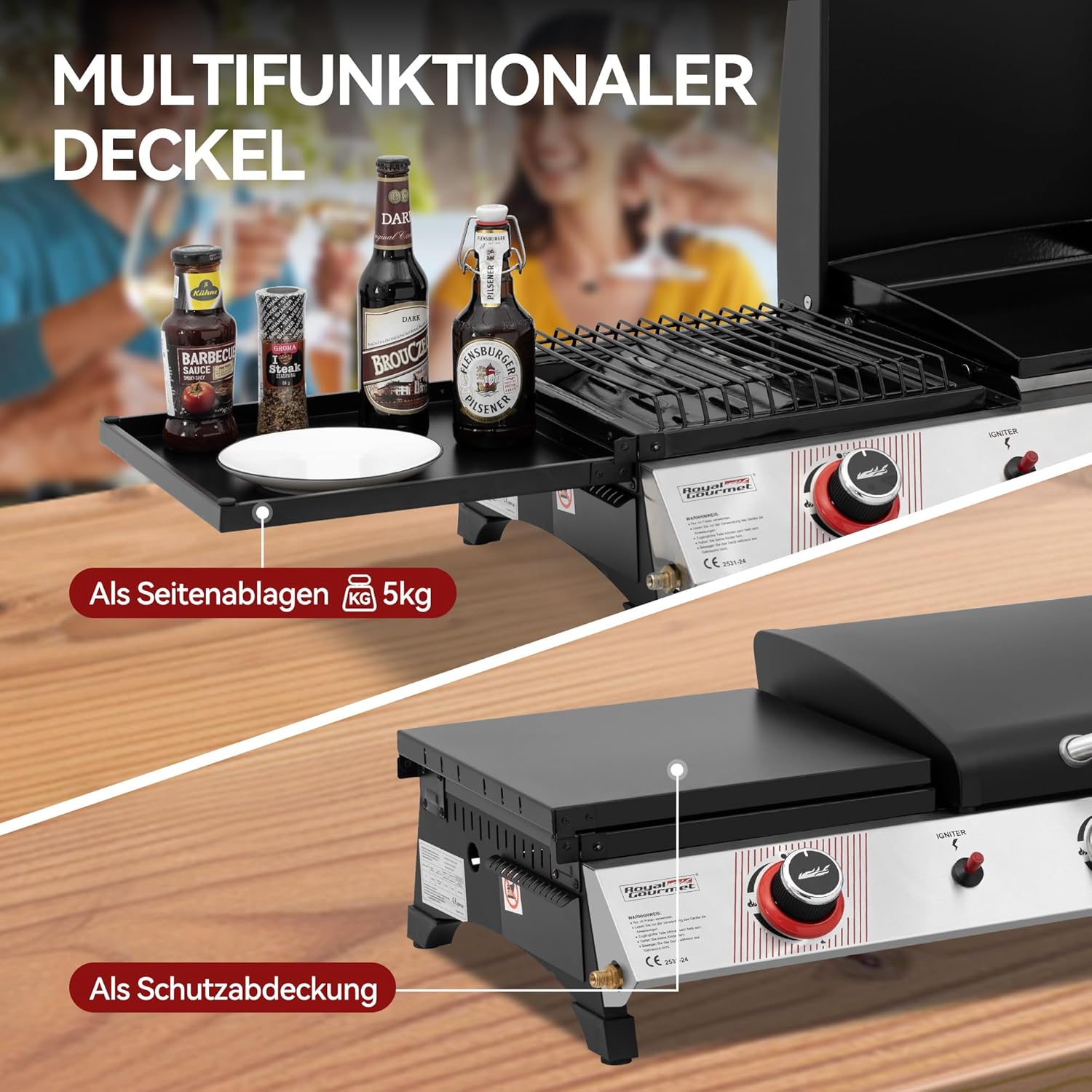 Royal Gourmet 8,5 kW Gasgrill, 3-in-1-Tischgrill mit Grillen, Braten, Kochen, 3 Brenner, tragbarer Picknickgrill, Campinggrill mit klappbarer Seitenablage, schwarz – Bild 6