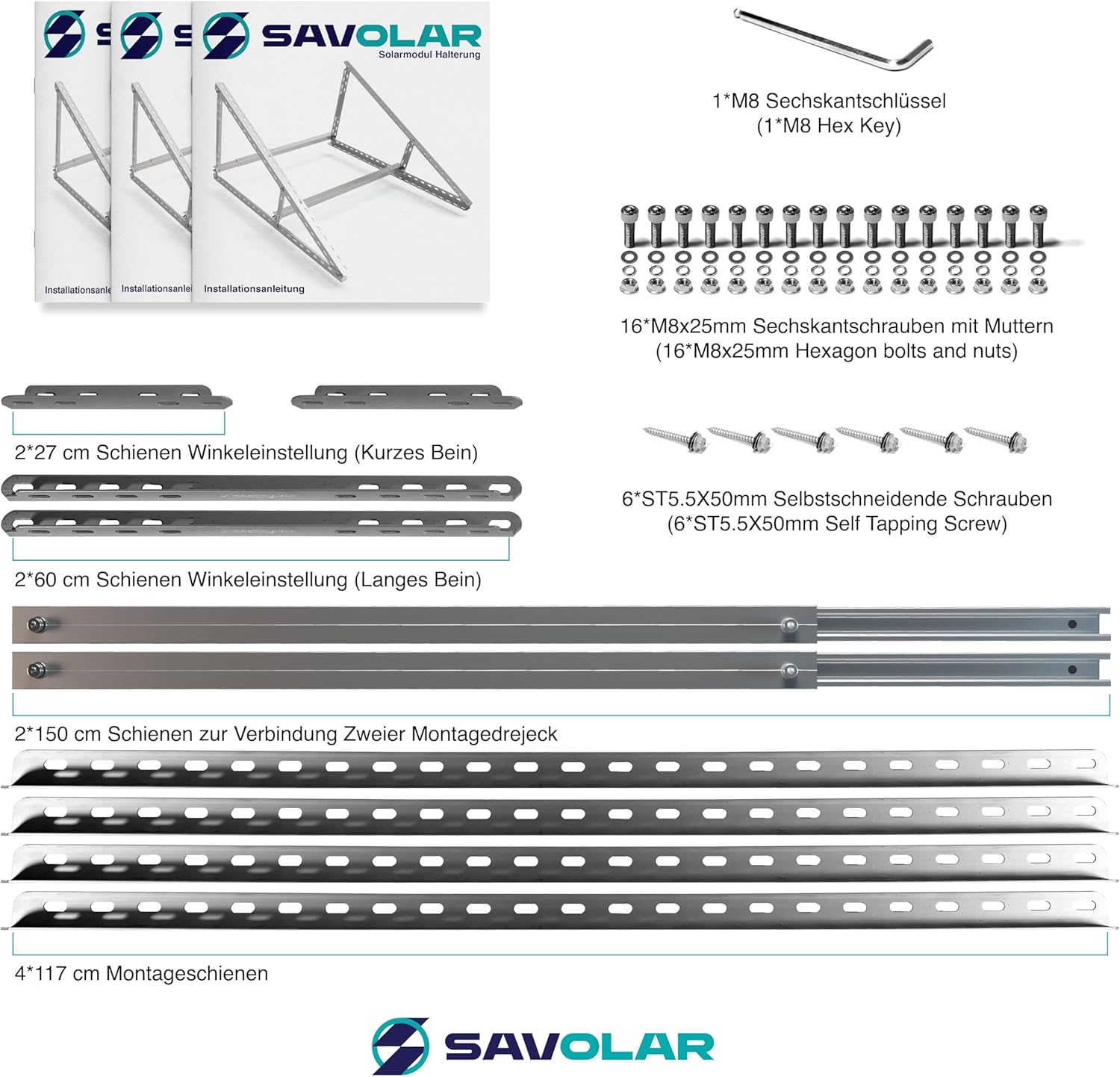 Solarpanel-Halterung, 2 Stück, Aluminium & Edelstahl, Wandmontage, für Balkonkraftwerk bis 117 cm, Winkel verstellbar 0–90°, kompatibel mit Solarmodulen 100 W–600 W Breite – Bild 8