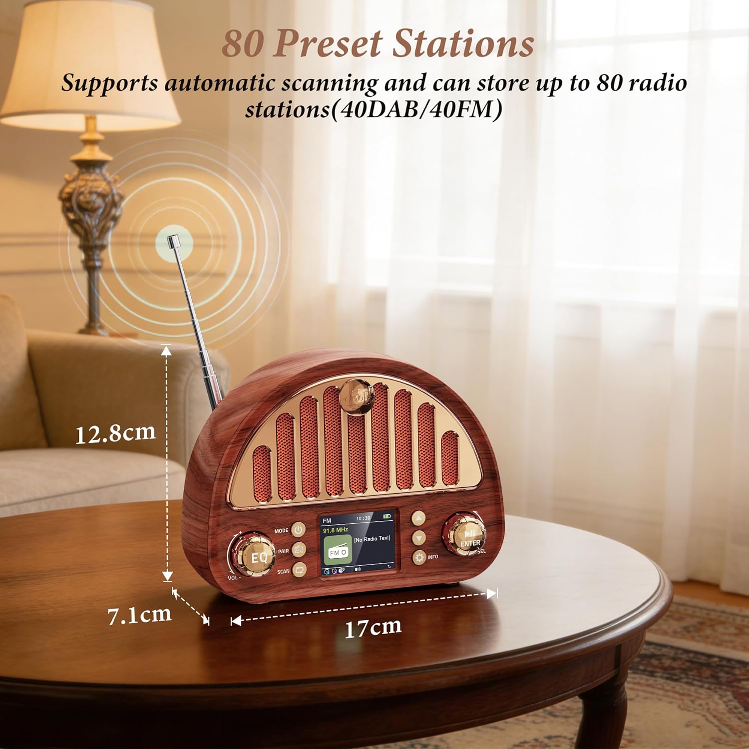 Mesqool Tragbares DAB+/UKW-Radio, Retro-Radio mit Bluetooth 5.0, Nostalgie-Radio klein mit 3000 mAh Akku und Farbdisplay, EQ-Soundeffekt, 80 Voreinstellungen, TF/AUX-Anschluss, Doppelwecker – Bild 6