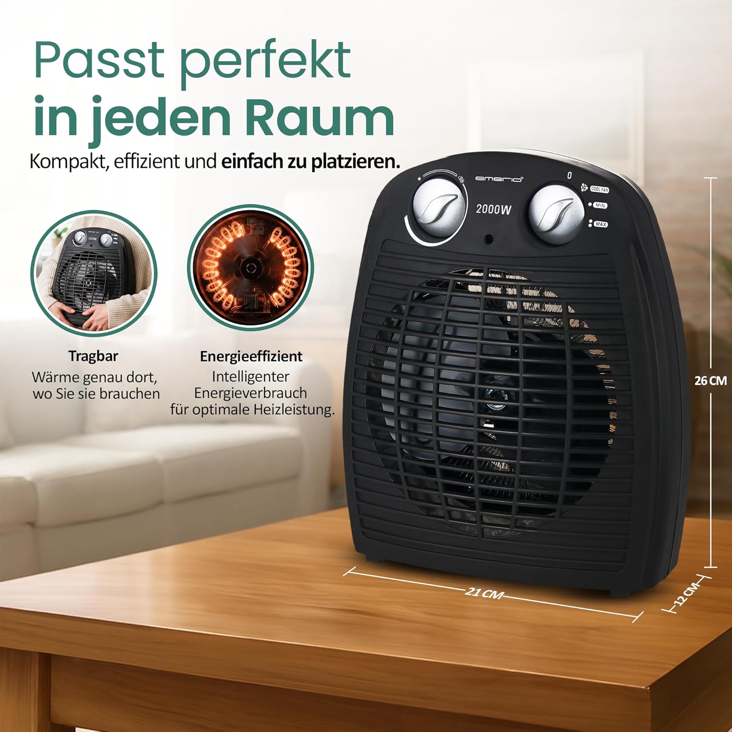 Emerio FH-106737.2, Note 1.5, kleiner kompakter tragbarer Heizlüfter für 25 m², 2 Heizleistungen + Lüfterfunktion, einstellbarer Thermostat, Sicherheitsschalter, Griff, 2000 Watt, Anthrazit – Bild 5