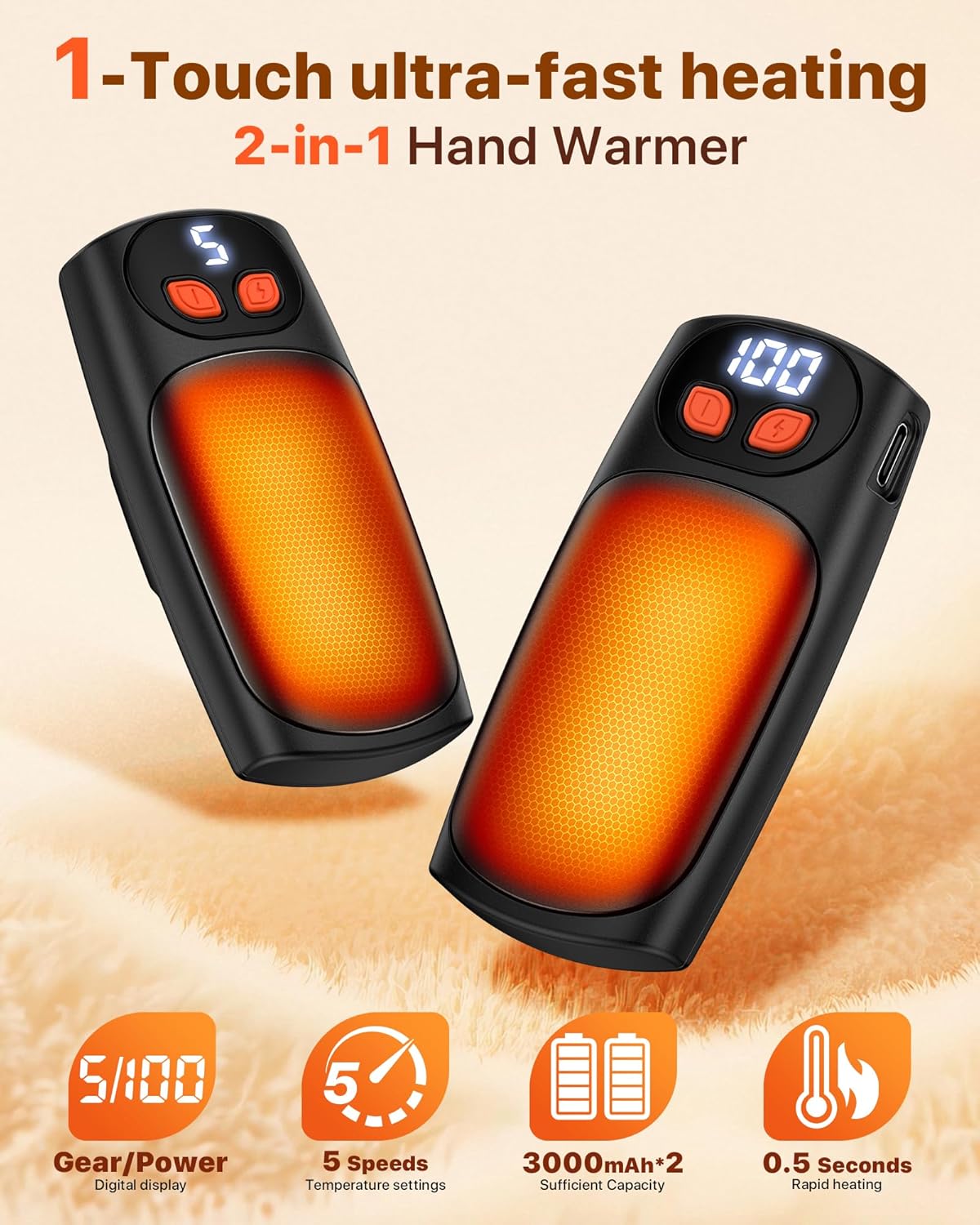 Handwärmer, wiederaufladbar, 2er-Pack, LED-Digitalanzeige, schnelles Aufheizen, 5 Heizstufen, geeignet für Pendler, Studenten und Outdoor-Aktivitäten, erste Wahl für Geschenke für Männer und Frauen – Bild 2
