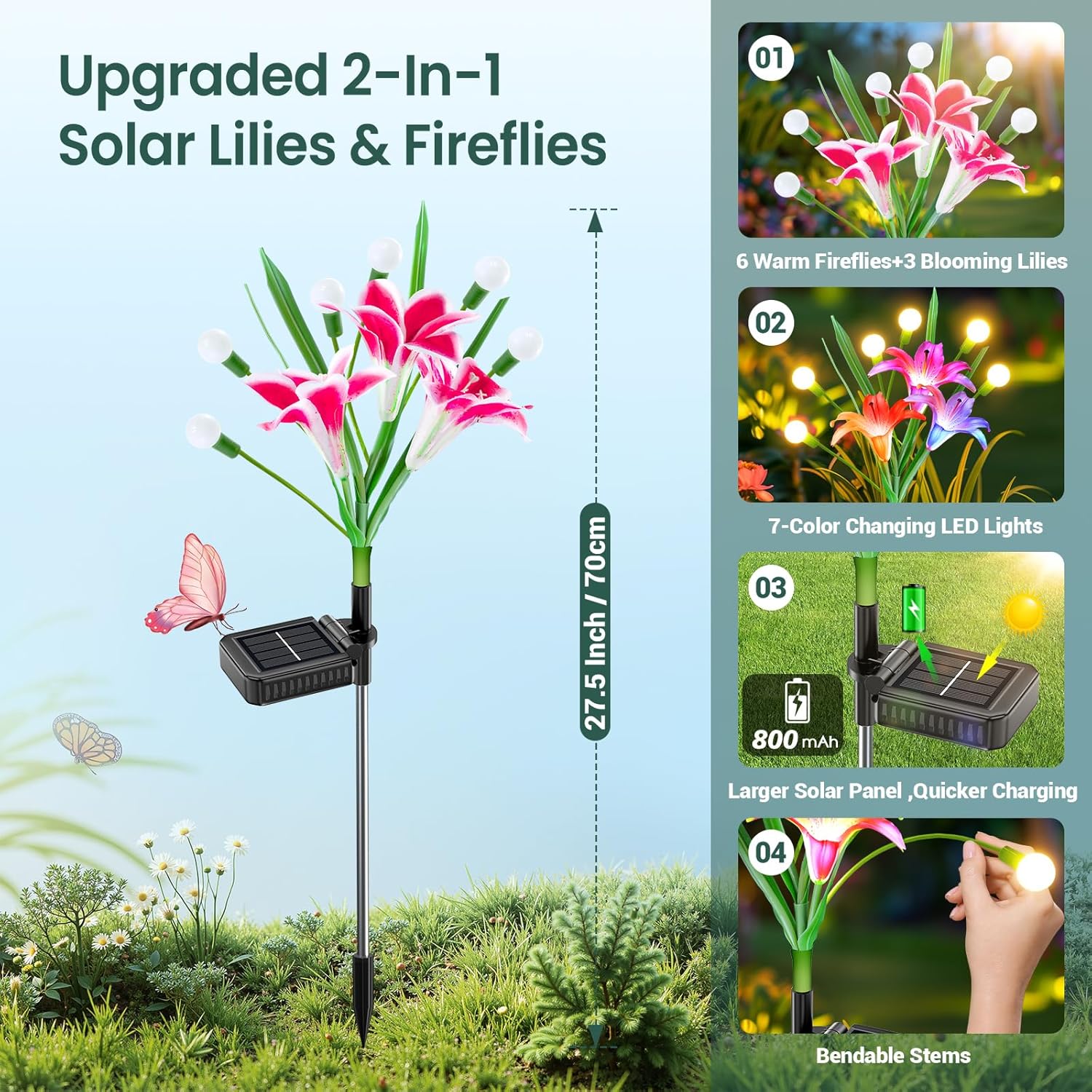 BUCASA Firefly-Solarleuchten für den Garten im Freien, 4 Stück, 36 LEDs, helle Solarleuchten für den Außenbereich mit warmweißen Glühwürmchen und farbigen Lilienblüten, verbesserte schwingende Solar-Gartenleuchten für Wege, Hof, Balkon – Bild 7