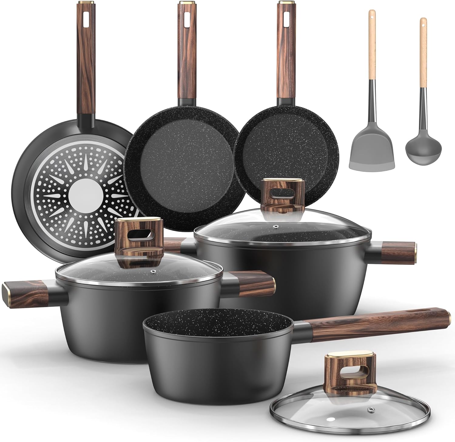 11-teiliges Kochtopf-Set, antihaftbeschichtetes Kochtopf-Set aus Aluminium für Induktion, Pfanne 20/28 cm, tiefe Bratpfanne 24 cm, Kochtopf mit Deckel 16/20/24 cm, Pfannenset PFOA-, PFOS-frei