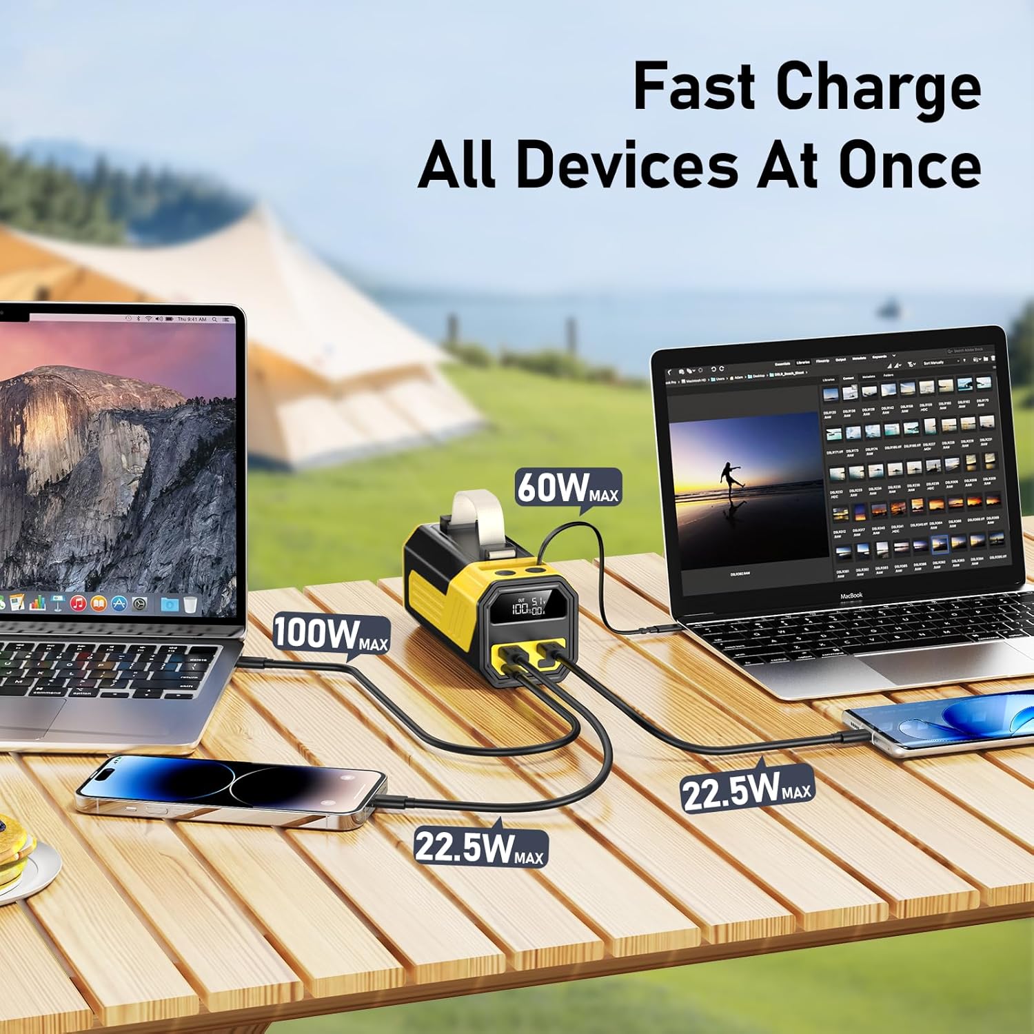 Laptop Powerbank 70.000 mAh, Powerbank 100 W USB-C mit integriertem & einziehbarem Kabel, externer Akku mit LED-Taschenlampe für Laptop, iPhone, iPad, Tablet, Samsung Reisen Camping Outdoor (Gelb) – Bild 3