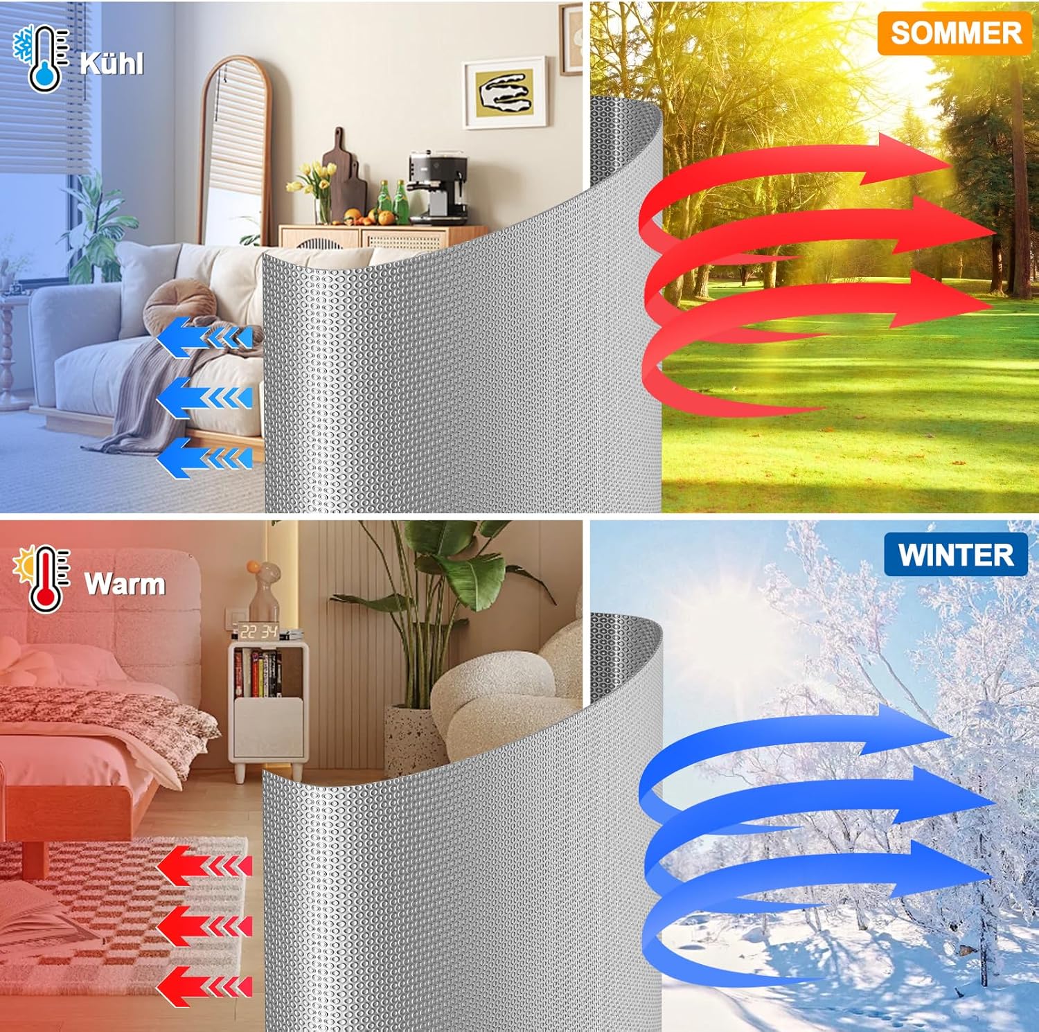 Aluminisierte Isolierfolie, 60 cm x 5 m, 3 mm dicke Isolierung, doppelseitige Aluminium-Luftpolsterfolie mit 12 Klebestreifen, Kühlerreflexionsfolie für Fahrzeuge, Dächer, Fenster – Bild 3