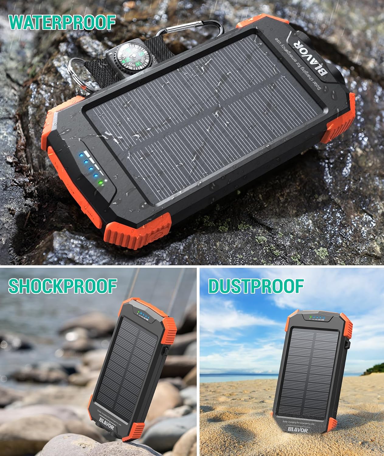 BLAVOR Solar Powerbank Solarladegerät 10000 mAh, PD 20 W Schnellladung Tragbare USB C Powerbank mit Solarpanel, kabelloses Schnellladen, Camping-Akku, Solarladegeräte für Mobiltelefon mit Taschenlampe – Bild 8